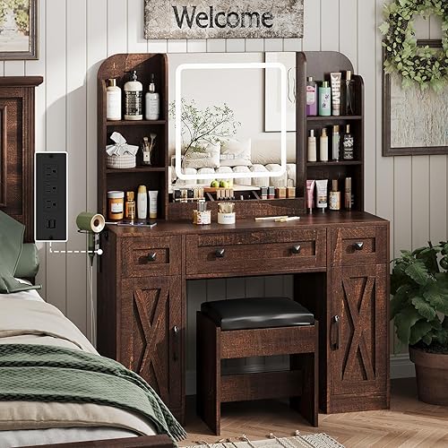 Vabches Makeup Vanity Desk, Vanity Mirror with Lights Desk and Chair,Makeup Table with 3 Large Drawers and 2 Cabinets, Time and Temperature Display, 3 LED Lighting Modes Adjustable, Brown - Modern-Brown - 43.2" L x 15.7" W x 55.3" H