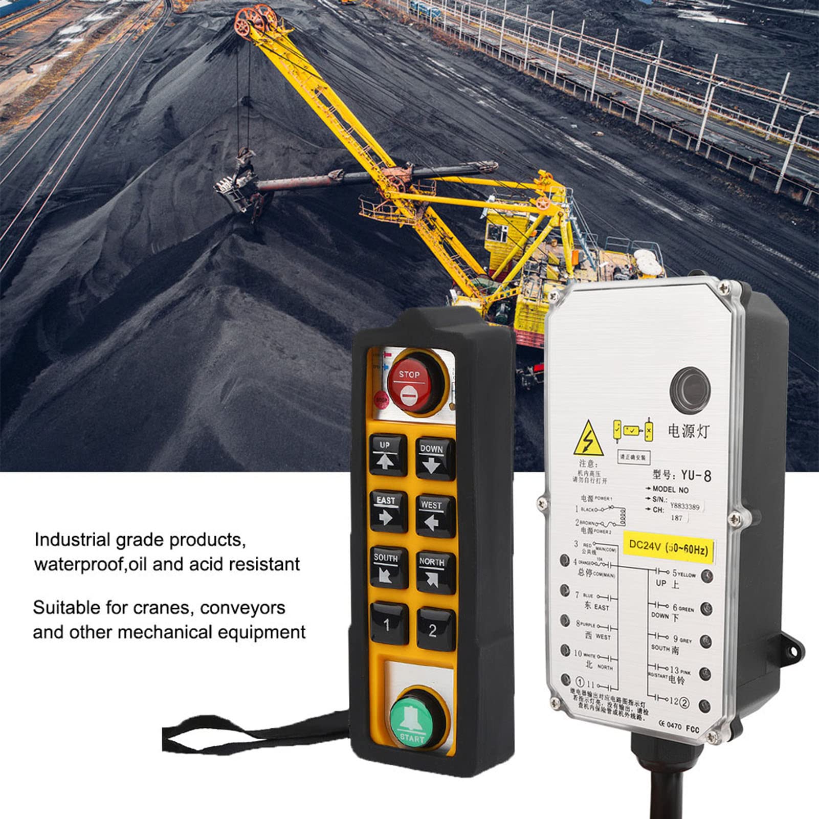 Controller per paranco industriale Telecomando elettrico a maniglia singola YU 8DC24V con 24 V CC - Frequenza 800 MHz - Impermeabile e resistente all'olio per trasportatori di gru (DC24V)