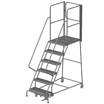Tri-Arc RWSR106242-XR 6-Step Gateway Rear-Exit Steel Rolling Ladder with 30" Deep Top Platform, Grip Strut Tread with Handrails, 24" Wide Steps