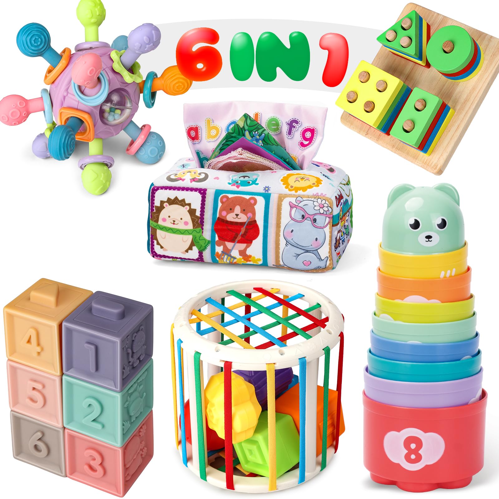 Baby Toys 6 to 12 Months, 6 in 1 Montessori Toys for Babies 6-12 Months, Infant Teething Toys, Sensory Shape Sorter Bin, Soft Stacking Blocks & Cups, Baby Tissue Box, Wooden Sorting Toys for Toddler