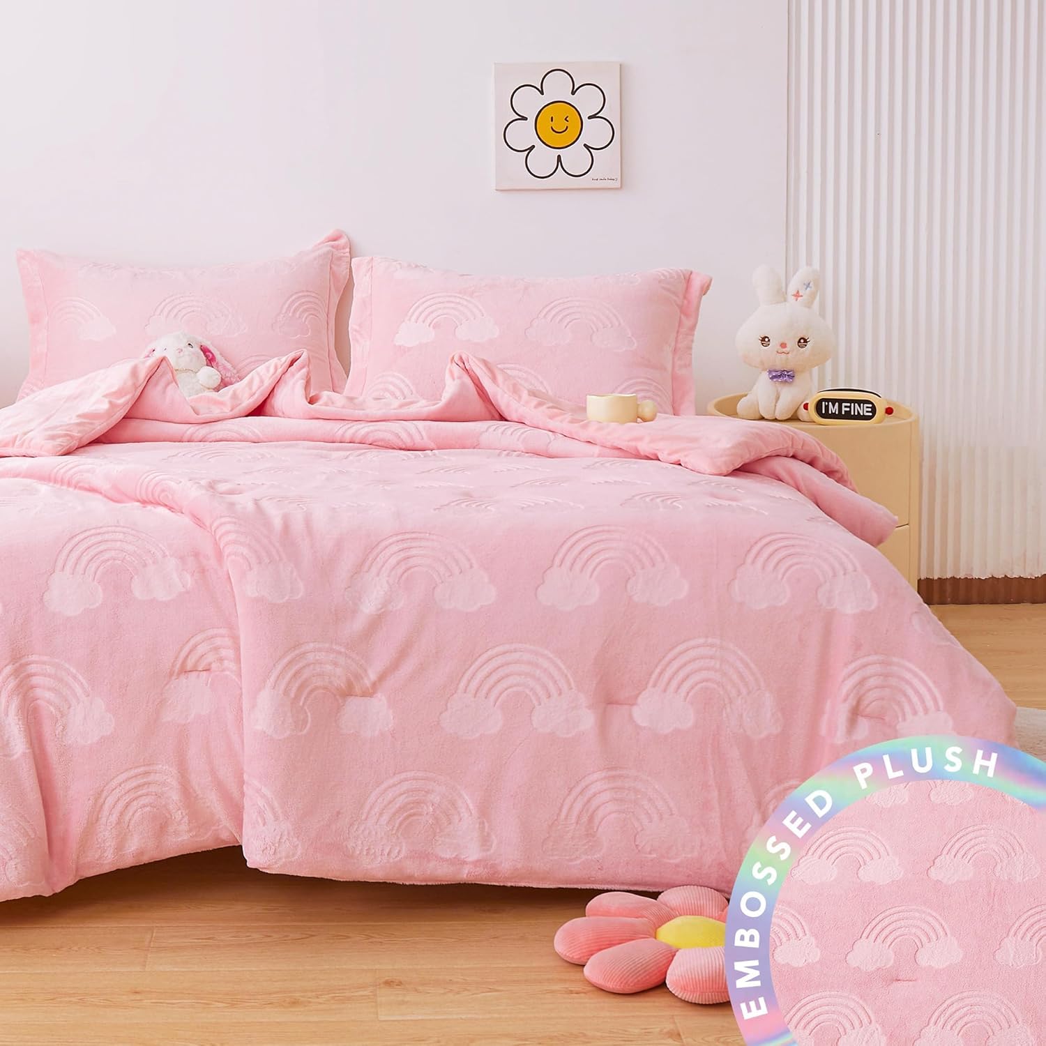 Mooreeke Twin Kids Comforter Bed Set, Embossed Plush Fleece Soft & Warm 2 Piece Bed in A Bag with Shams, Velour Velvet Pink Rainbow Girls Kids Bedding Set, Fluffy Fuzzy Polar Cozy and Stylish