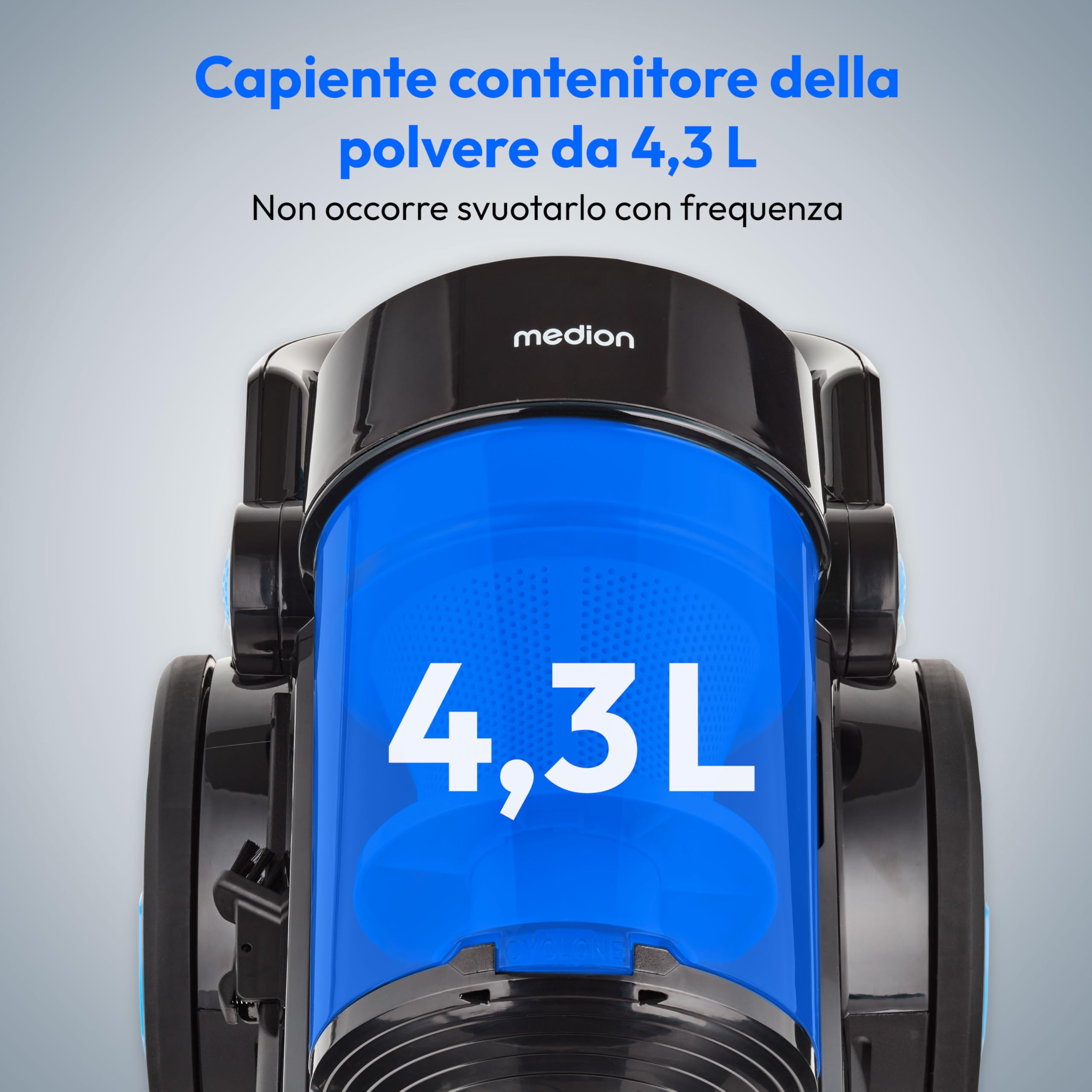 MEDION Aspiratore ciclonico senza sacchetto P4000 (potenza 900 watt, capacità contenitore polvere 4,3 litri, filtro HEPA 13 lavabile, raggio di lavoro 11 m, MD 11906) blu