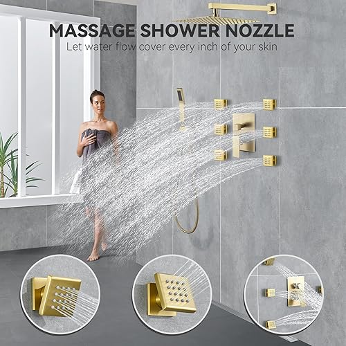 Miniatura 2 de Sistema de ducha de lluvia con 6 chorros completos de chorros corporales y válvula de equilibrio a presión, cabezal de ducha de lluvia de 12