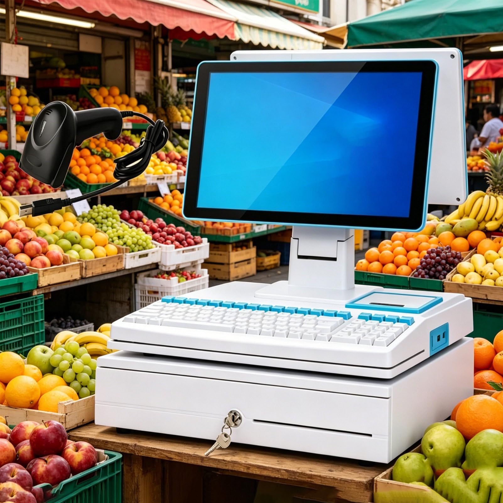 Kompleksowy System Kasowy Pos Z Ekranem Dotykowym 15,6", Procesorem Dwurdzeniowym I PamięCią 64 Gb, Drukarką Termiczną 58 Mm, Szufladą Kasową I Skanerem KodóW Kreskowych DualScreen-White