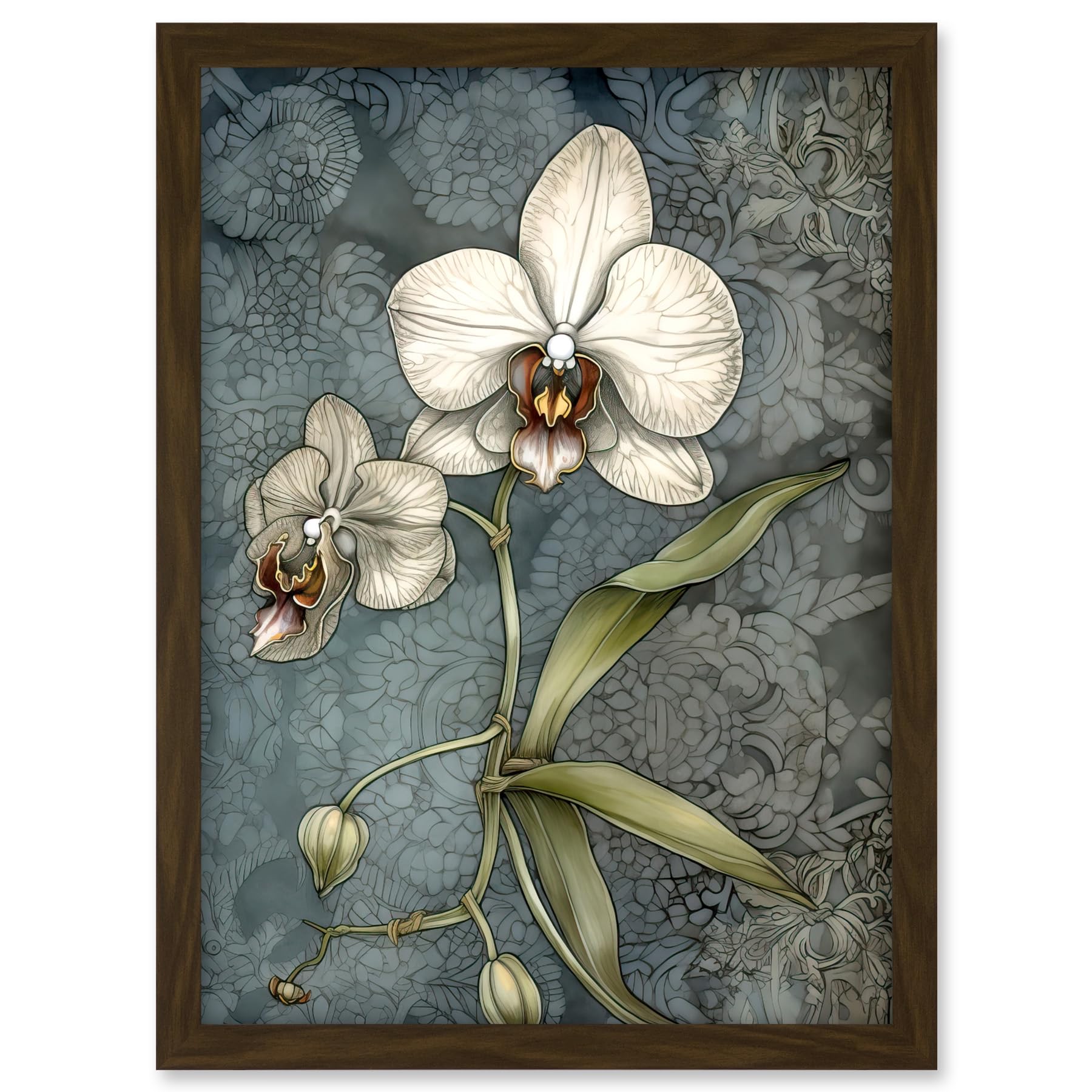Artery8 Orchid Flower Blooms Pastel Colour Art Nouveau Artwork Framed A3 Wall Art Print