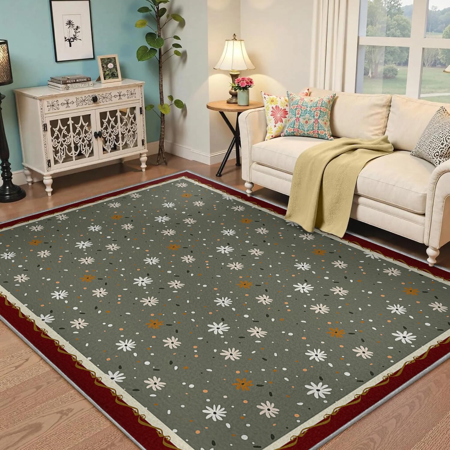 Tapis de sol fin marguerites bohème 180x200 et antidérapant pour entrée et salle à manger