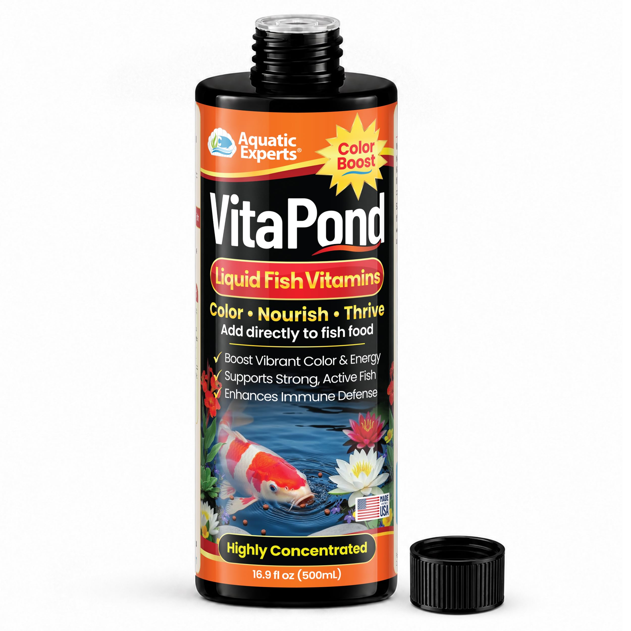 VitaPond Liquid Pond Fish Vitamins for Koi, Goldfish &amp; Ornamental Pond Fish, Supports Color, Appetite, Immune Health &amp; Vitality, 500 mL, Aquatic Experts