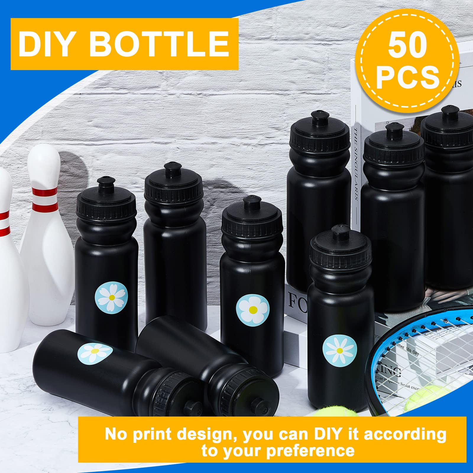 50 botellas de agua deportivas de 20 onzas, botellas de agua reutilizables a granel, botellas de agua de plástico sin BPA, botellas de agua en blanco para grandes eventos deportivos, niños, niñas y