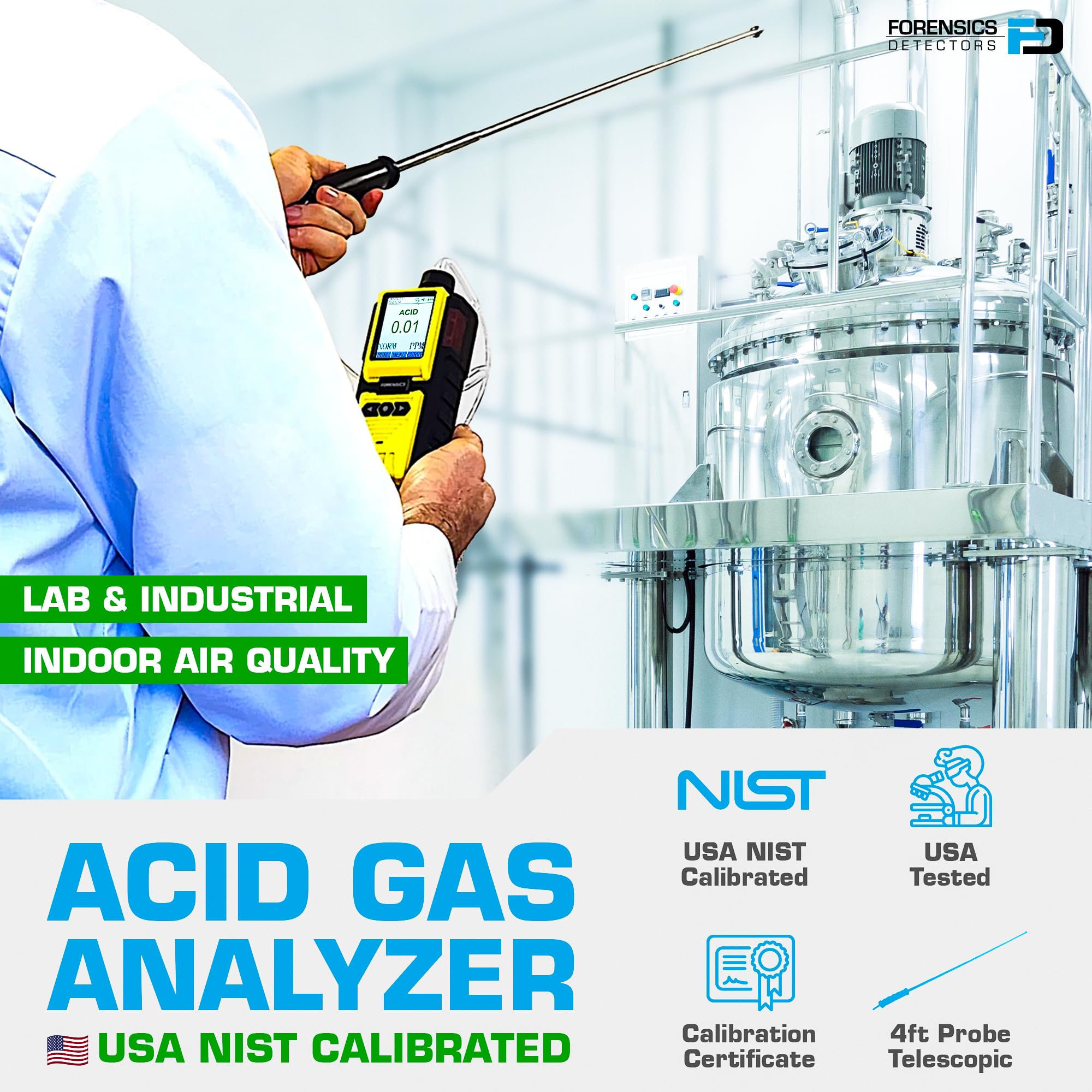 Detector de Gases Ácidos | Certificado de Calibración EU | Recarga USB | 0–10 ppm con Resolución de 0,01 ppm | Bomba Integrada y Sonda de 4 Pies