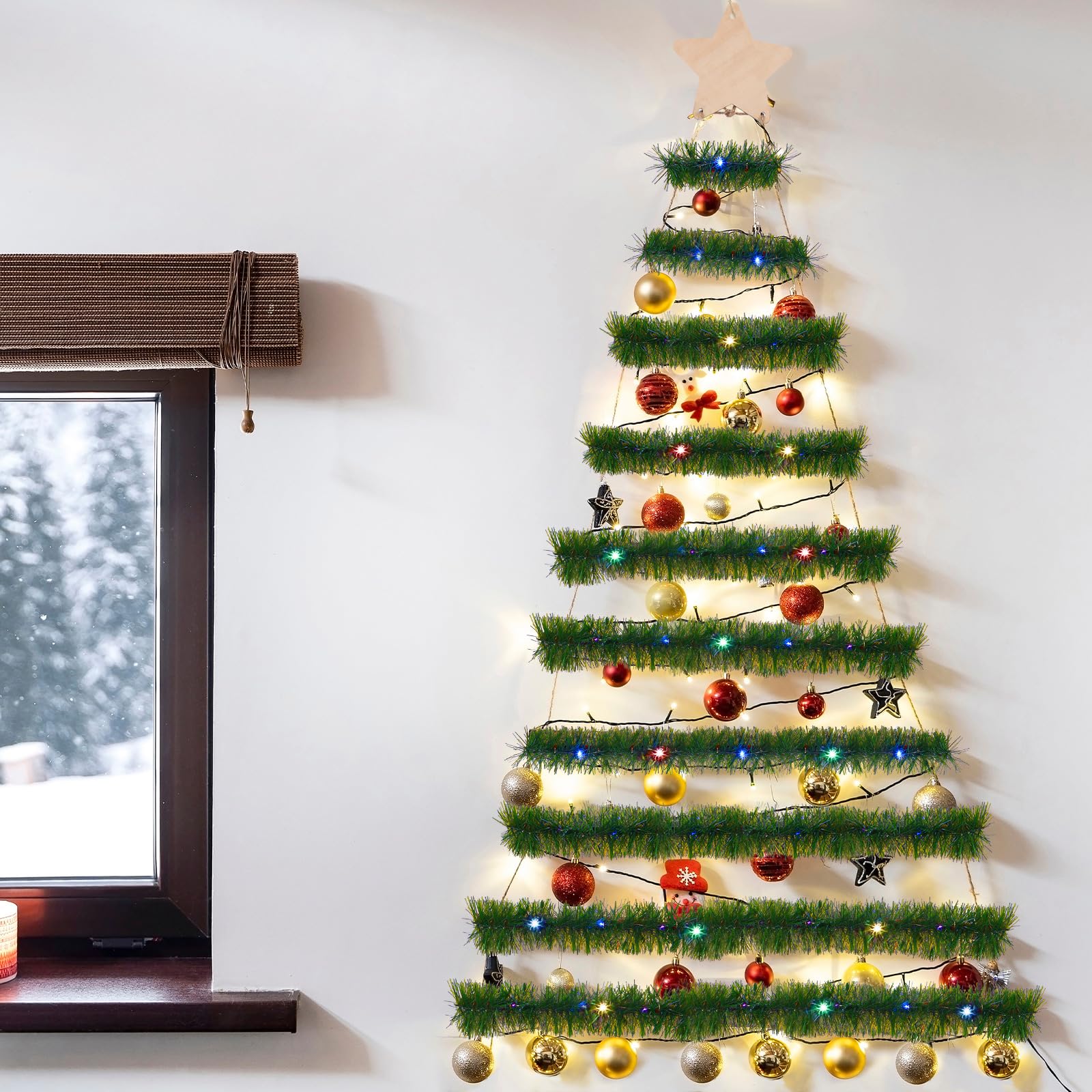 Hollowfly Sapins de Noël en bois à suspendre au mur de 152,4 cm, décoration de Noël avec guirlande de Noël de 6 m avec lumières LED et crochets en métal pour fête rustique