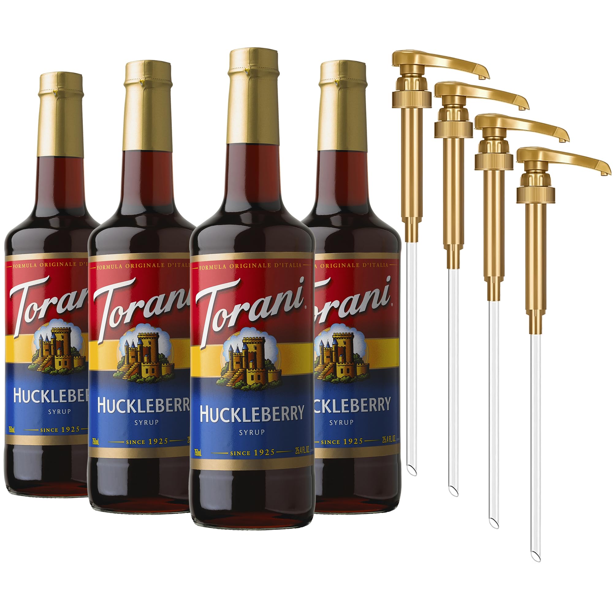 Torani Huckleberry Syrup for Drinks, Flavoring for Iced Tea, Lemonade, Sodas, and Cocktails, Glass Bottle 4-Pack, Pumps Included, 25.4 Fl Oz Ea