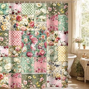 Boho Shower Curtains for Bathroom Vintage Boho Pink Floral Bathroom Decor Bath Curtain Mid Century Waterproof Retro Farmhouse Patchwork Floral Shower Curtain, 72 X 72 Inches