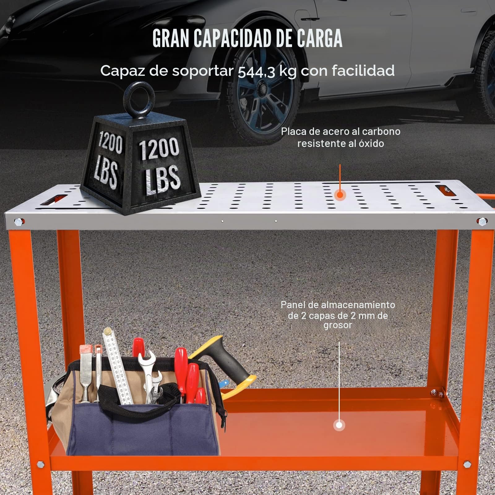 VEVOR Mesa de Soldadura de 91,4 x 45,7 cm Banco de Trabajo de Soldadura Carga de 544 kg de Acero sobre Ruedas con Freno, 2 Niveles 4 Ranuras de Herramientas, Orificios para Fijaciones de 1,6 cm