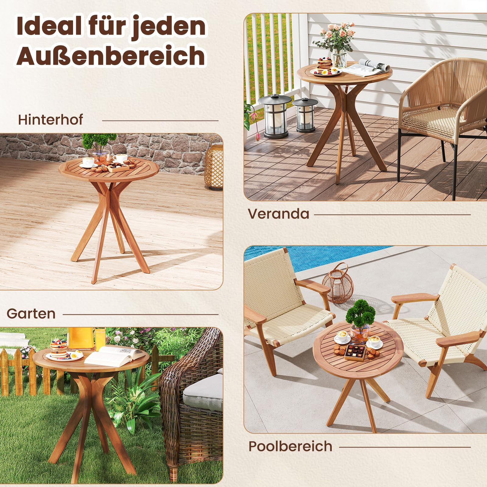 FANTASK Beistelltisch aus Akazienholz, Gartentisch wetterfest, Balkontisch, Bistrotisch für Garten, Balkon, Terrasse, Ø 70 cm runder Holztisch, 70 x 70 x 76 cm