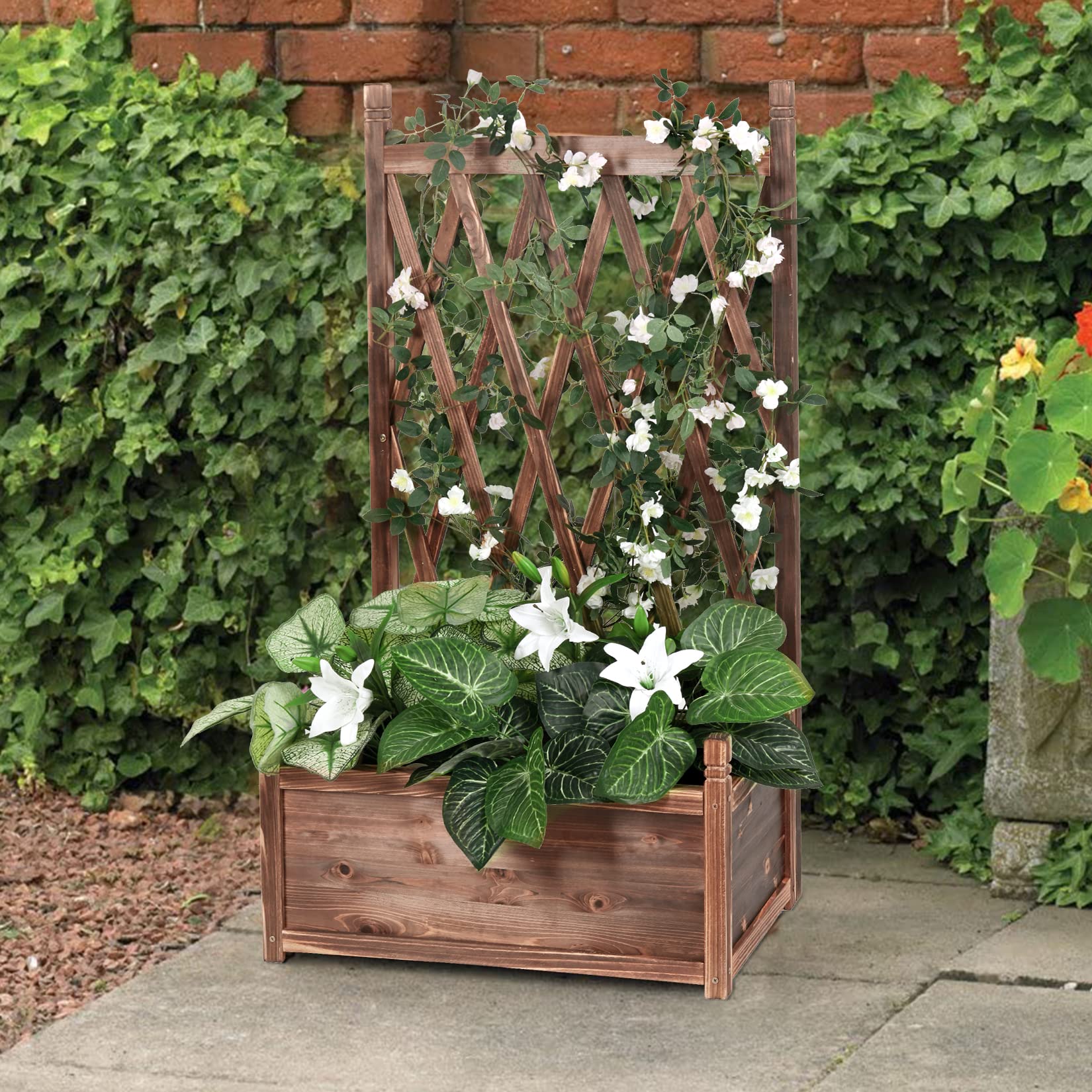 UNHO Jardinière Treillis Extérieure Bois: Bac à Fleurs Rectangulaire Grande Taille Carré Potager Surélevé de Jardin Esthétique et Pratique Idéal pour Balcon Patio Terrasse - 64x37x115cm Charge 45kg