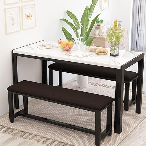 Recaceik Dining Table Set for 4, Kitchen Table and Chairs for 4, Faux Marble Dining Room Table with 2 Benches, Space Saving Dining Table and Upholstered PU Leather Bench for Small Spaces, White
