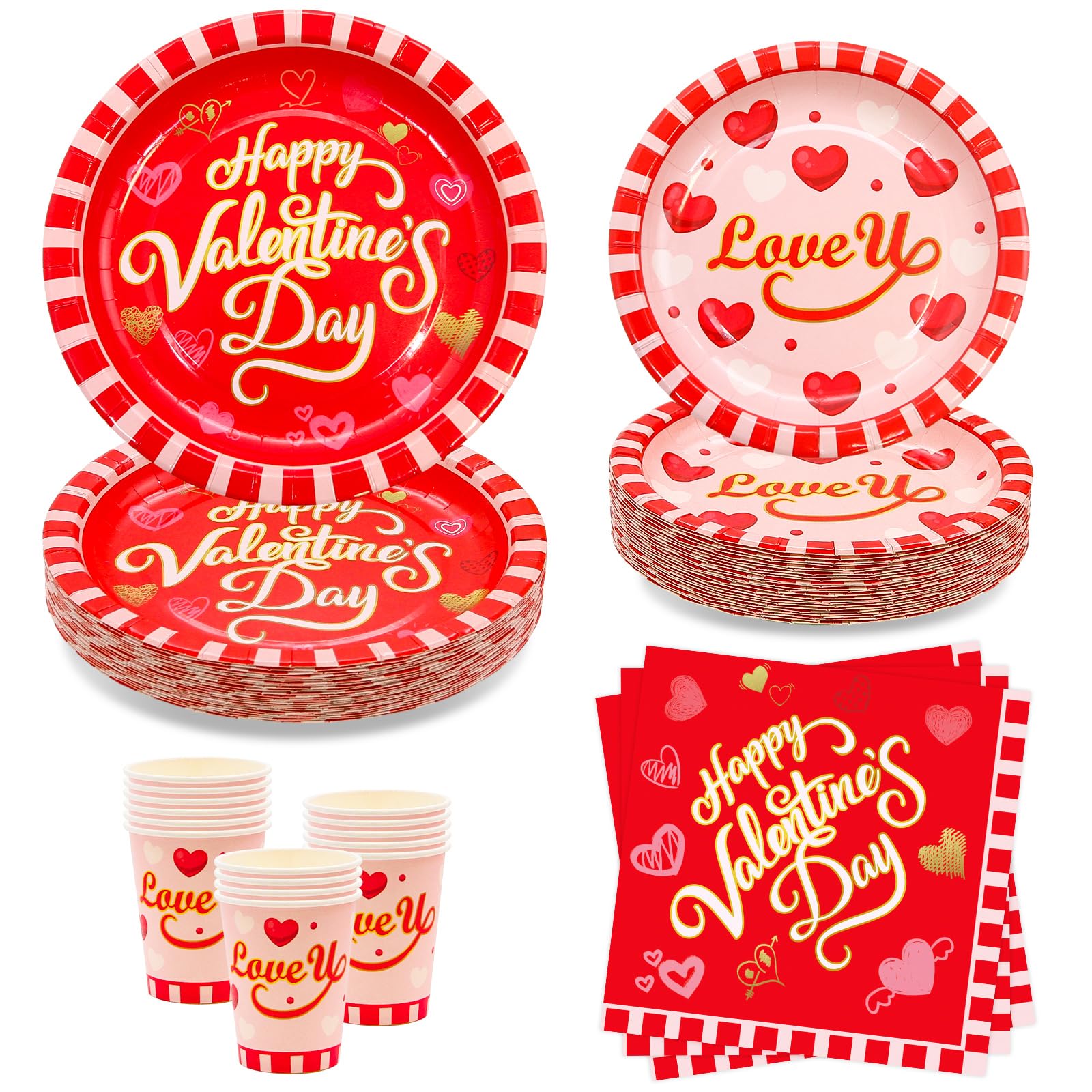 ceiba tree Valentines Day Tableware Set 9" Plates 7" Plates 9 Oz Cups and Lunch Napkins 122Pcs Valentine's Holiday Heart Love Party Disposable Paper Goods Dinnerware Decor