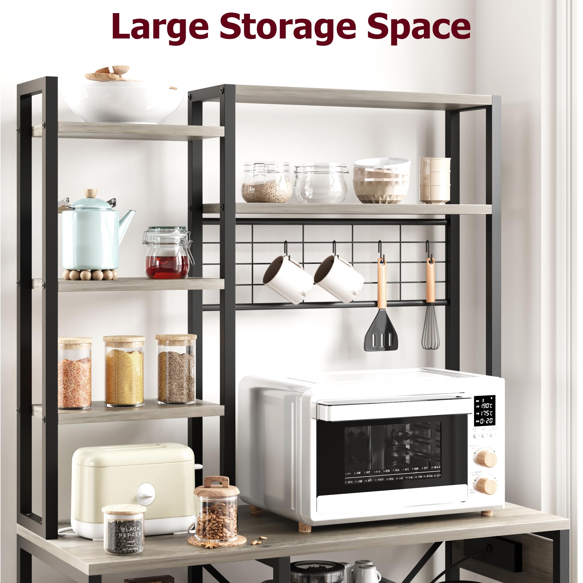 Zstar Estante De Almacenamiento De Cocina De Estilo Industrial con Enchufes y Ganchos, Múltiples Estantes, Amplio Espacio De Almacenamiento, Barra De Café, Gabinete para Microondas