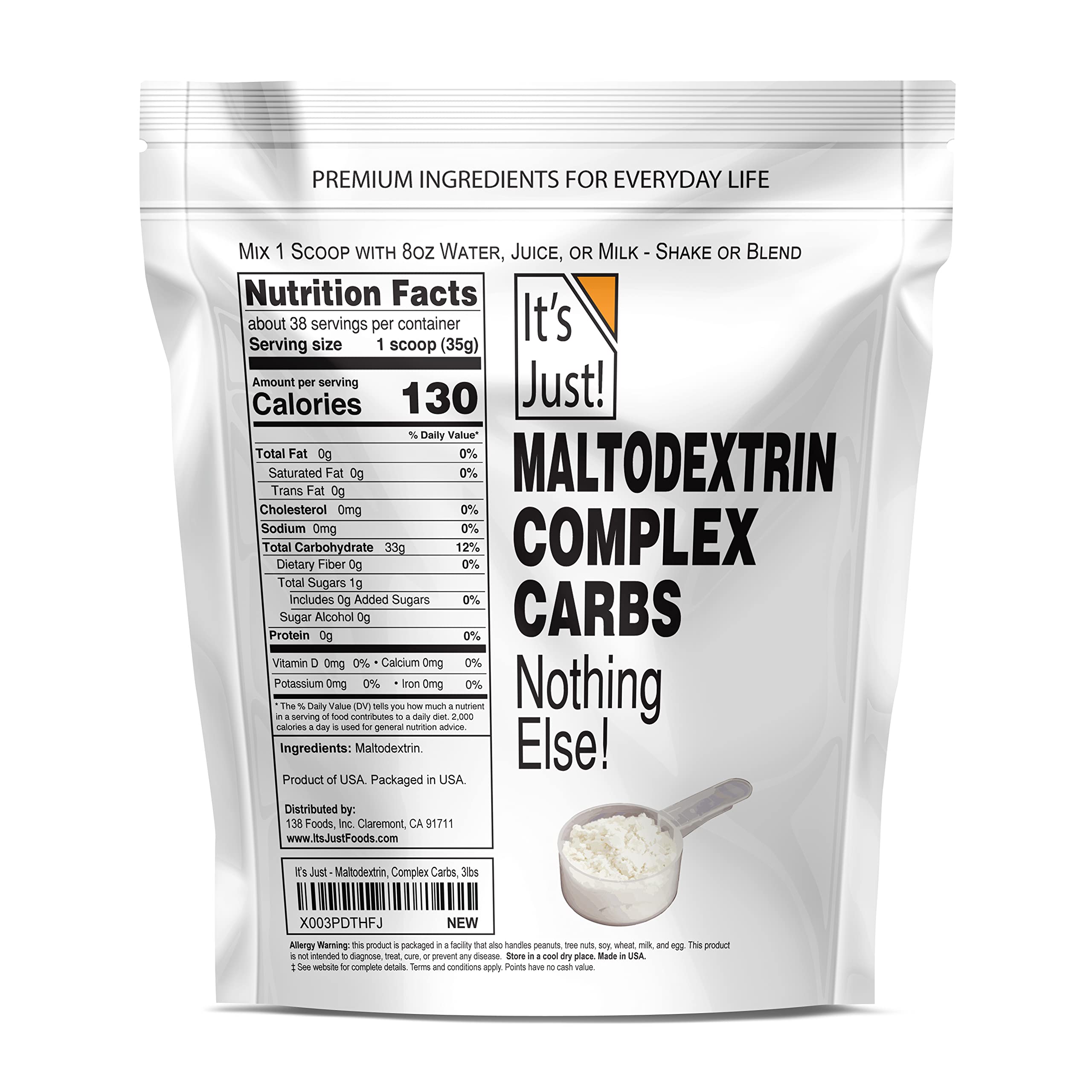 It's Just! - Mass Gainer Powder, 100% Maltodextrin (Complex Carbohydrates), Sustained Energy, Rapid Absorption, Non-GMO, Easily Add to Any Protein Shake, 3lbs / 38 Servings