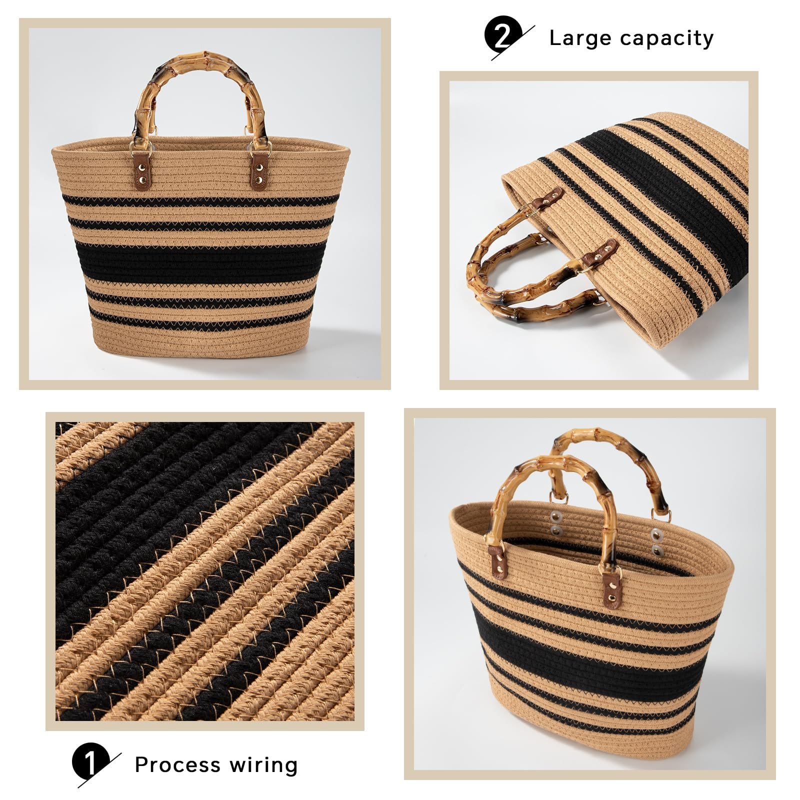 Tote Bag Grande Handbag a Spalla Estate Borsa per la Spesa con Manico Borsa di Modo per Donna Ragazze per Shopping Viaggio Spiaggia, Cachi e Nero