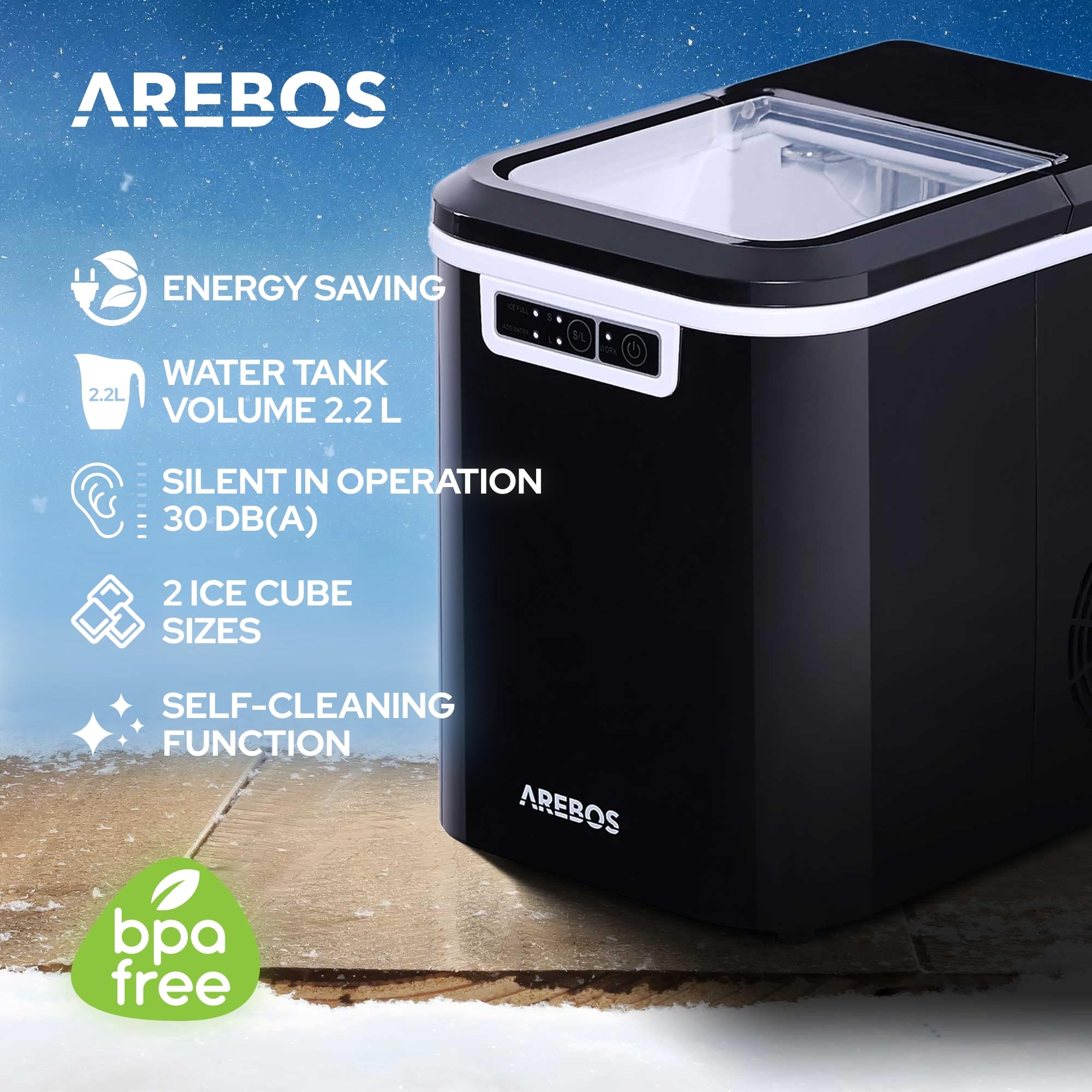 Arebos Macchina per cubetti di ghiaccio | 12 kg/24 h | 10-15 min. tempo di produzione | 2 dimensioni di cubetti di ghiaccio | 2.2 L serbatoio d'acqua | Macchina per cubetti di ghiaccio Nero