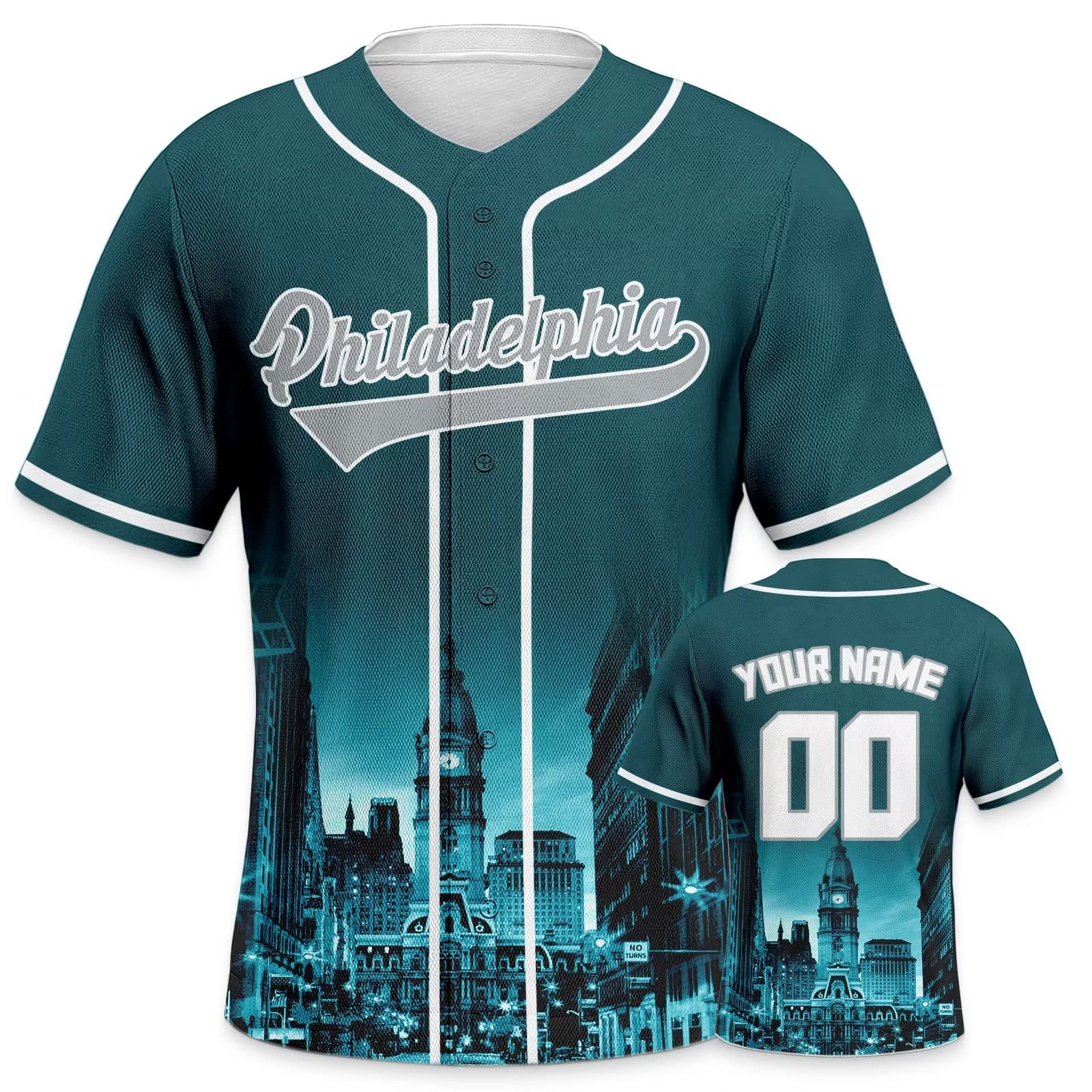 Custom Football City Night Skyline Baseball Jerseys Printed or Stitched Personalize Your Name& Number for Fans Gifts Jersey Men Women Youth S-5XL Green-Grey