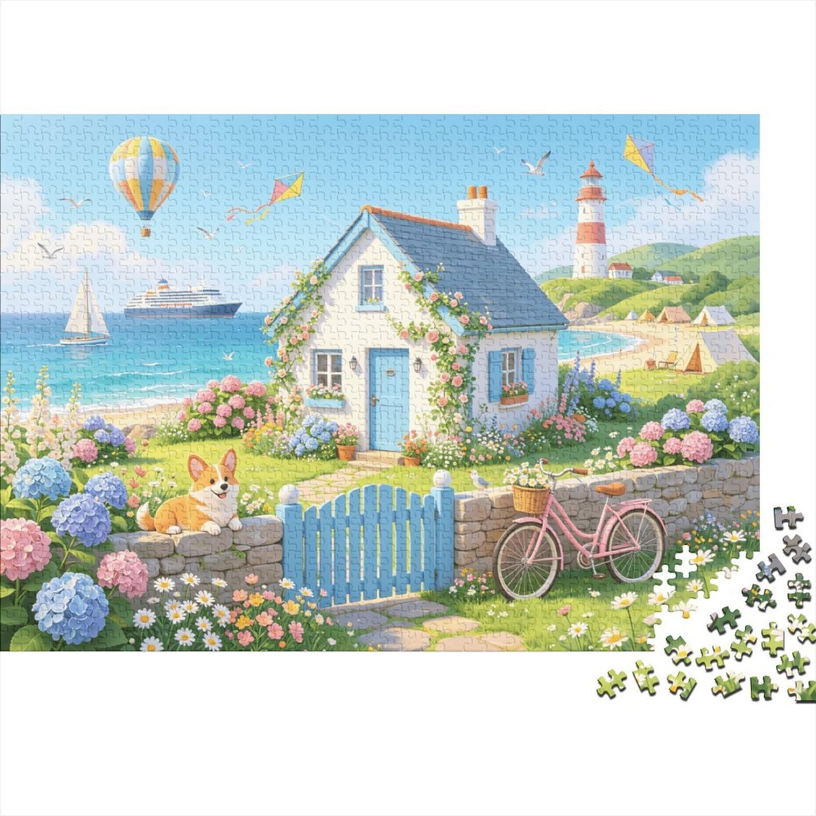 Coastal Cottage Jigsaw Puzzles 1000 Piece Recyclable Lighthouse Puzzle for Elderly Educational Game Decompression Ideal for Holiday Blessings Gift 38x26cm/1000pcs