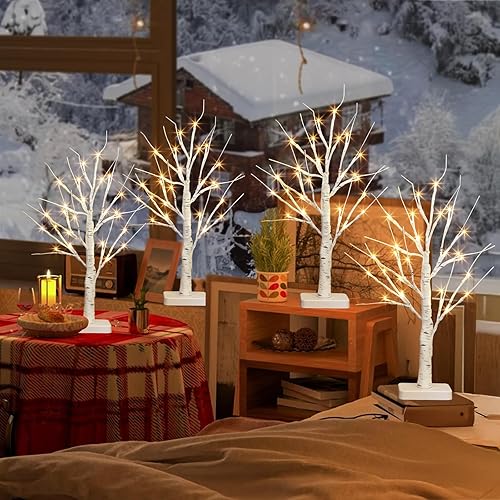 Miniatura 5 de PEIDUO - Decoraciones de Navidad para interiores, árbol de mesa de 22" con luces LED, árbol de abedul blanco para decoración del hogar, árbol de