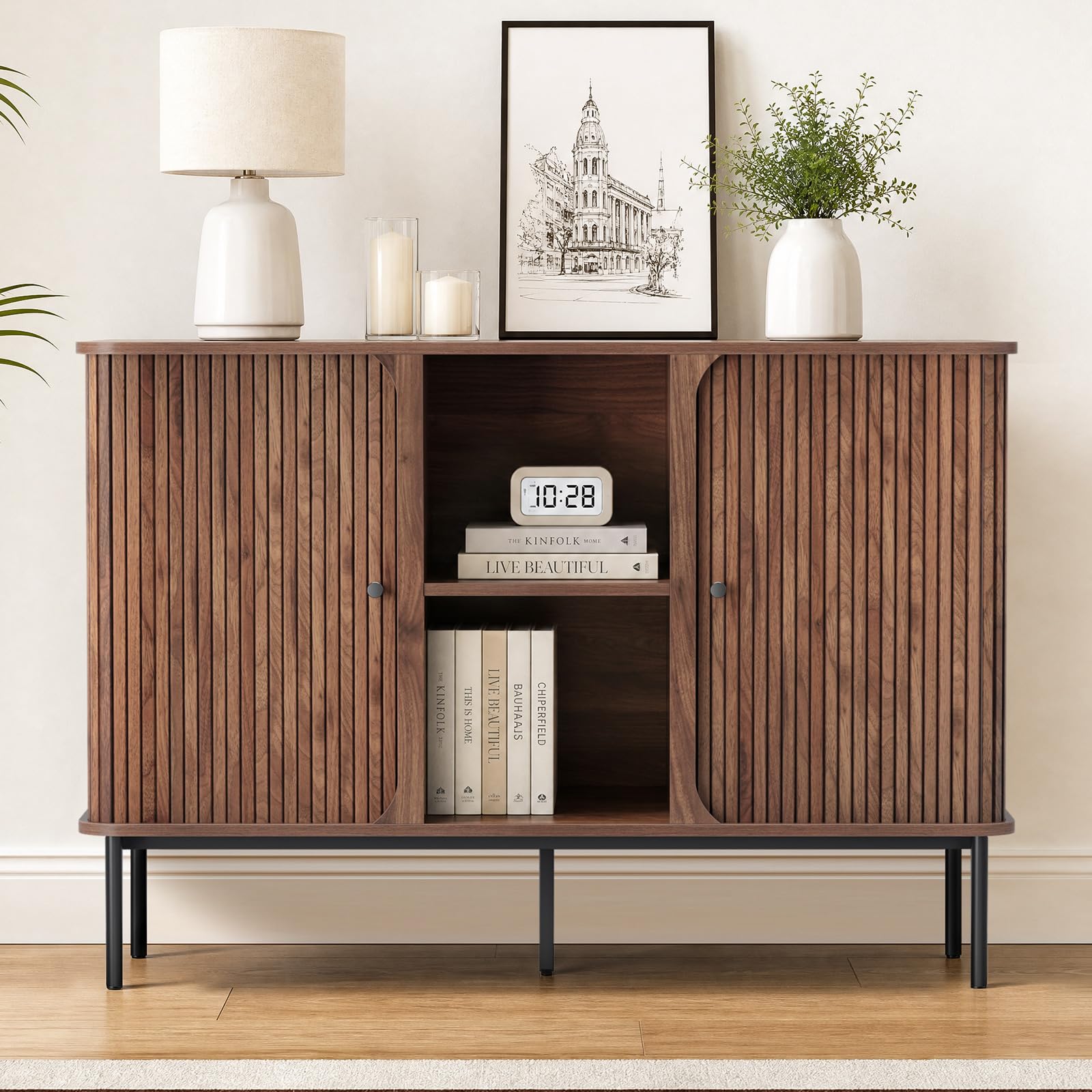 45 Inch Fluted Sideboard Buffet Cabinet, Storage Cabinet with Sliding Doors