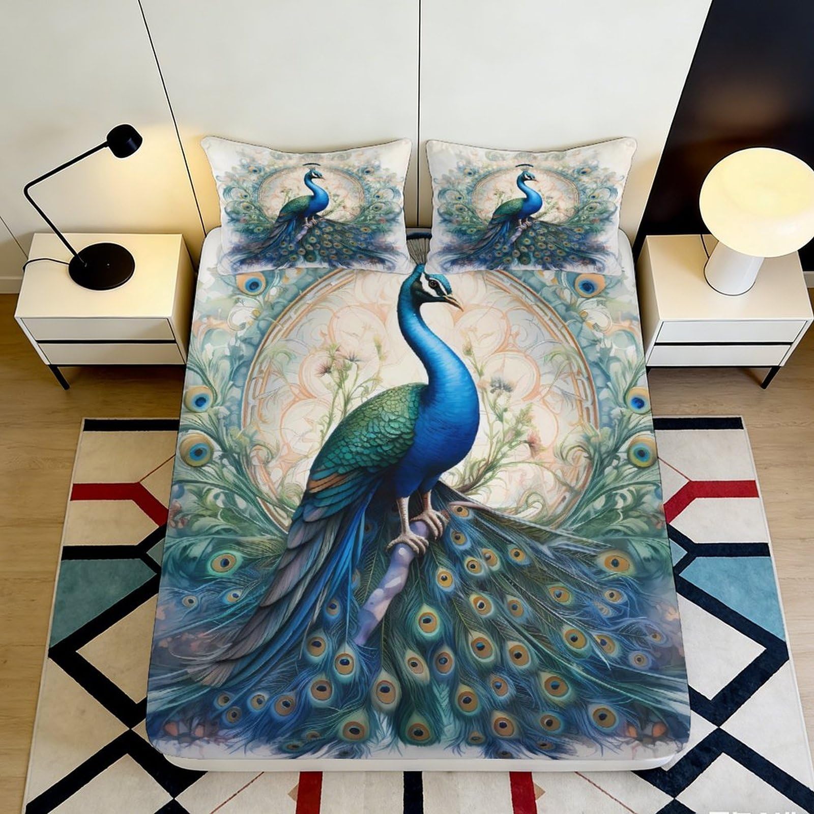 Pnayamiorkfel Style-1 3D Printed Peacock Art Fitted Sheet Microfiber Artistic Bird Bed Cover Anti-Slip Easy Care For Bedroom Guest Room Decor 90X200x25cm
