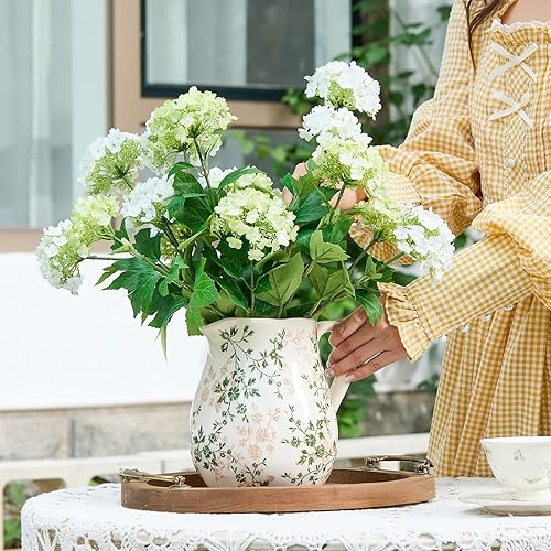 Miniatura 6 de Jarrón floral de cerámica verde y blanco con asa, jarrón rústico de granja, florero floral chinoiserie para decoración del hogar, sala de estar,