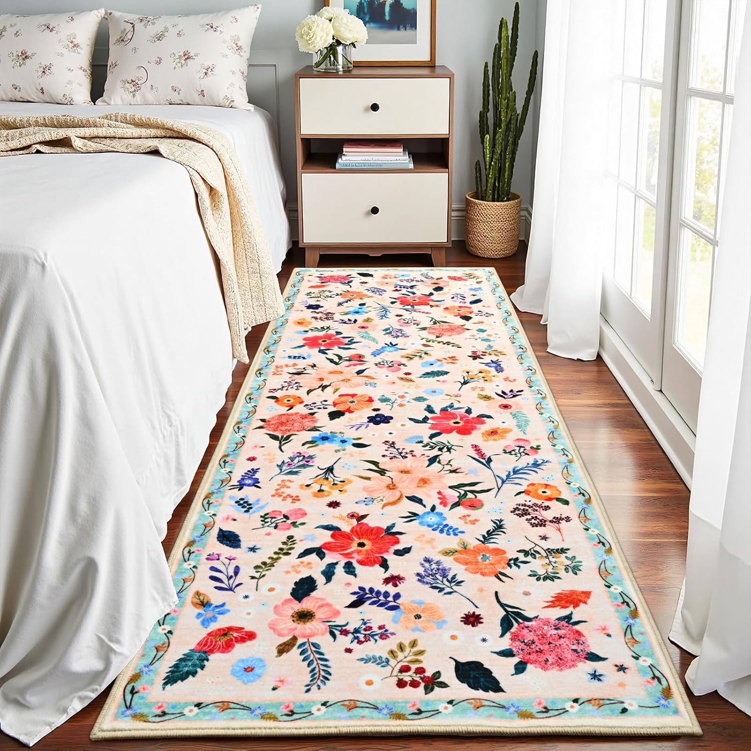 Terrug 2'6''x8' Beige Floral Area Rug for Hallways,Boho Machine Washable Runner Rugs with Non-Slip Blacking for Kitchen,Flower Carpet for Bedroom Entryway Laundry Floor Decor