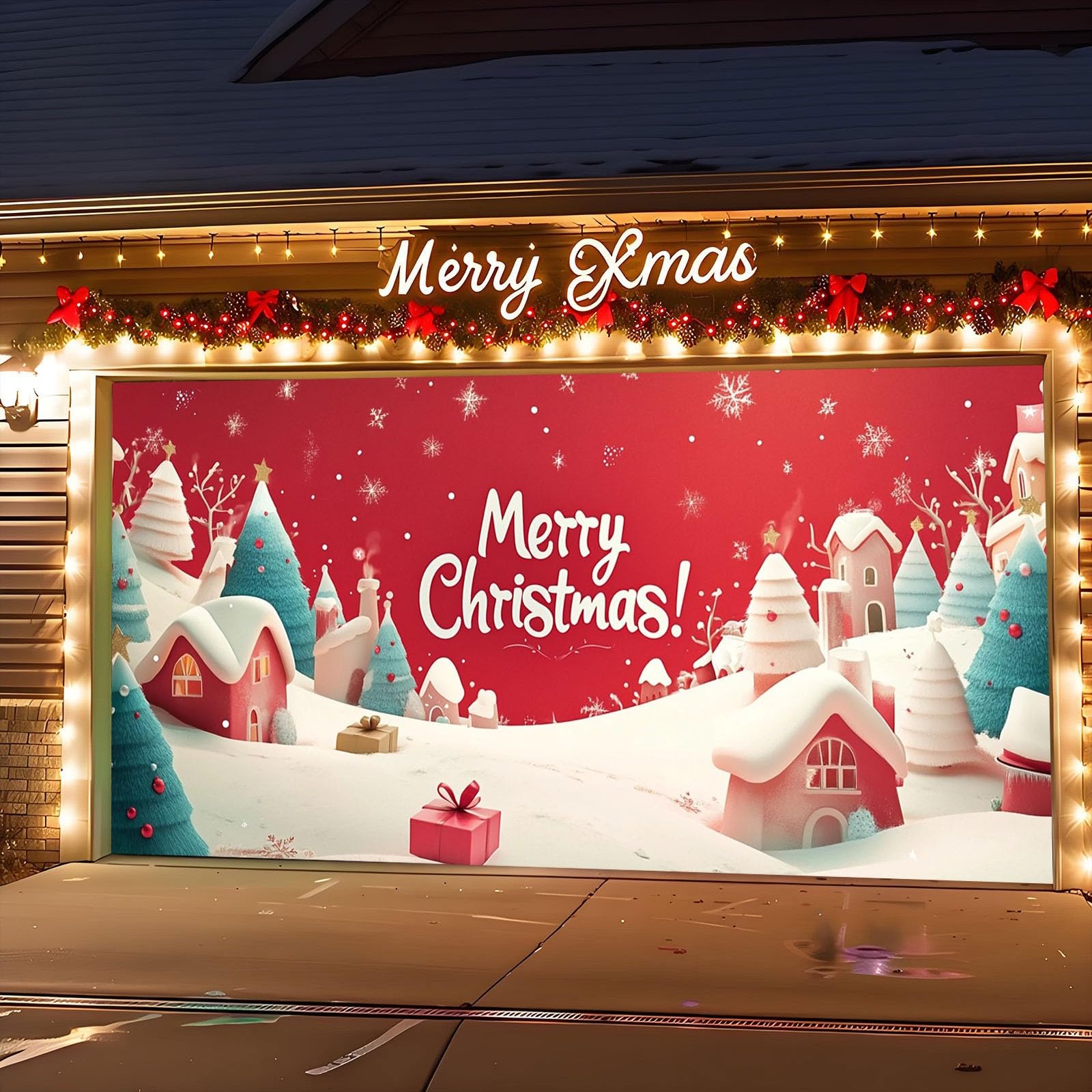 Christmas Garage Door Cover Decorations Holiday Garage Door Banner, Winter Santa Claus Snowman Christmas Garage Door Mural Backdrop for Outdoor Indoor Home Holiday Party Photo Wall Background