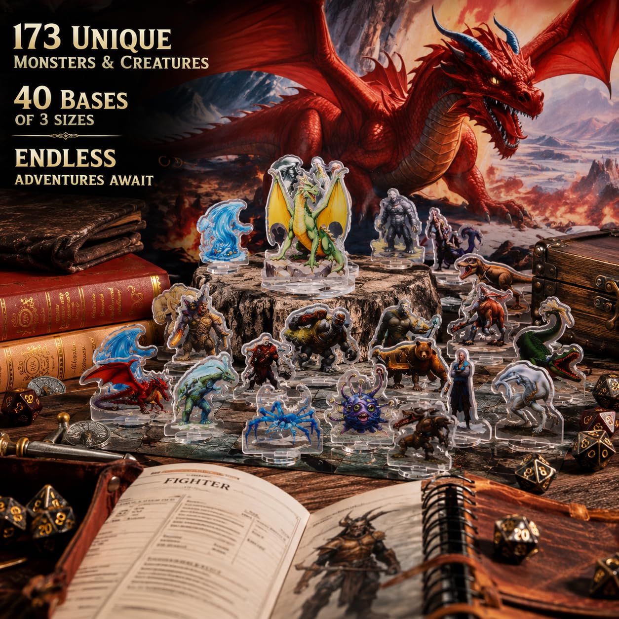 DND Miniatury Dungeons and Dragons Zestaw startowy 170 Fantasy Art Minis dla D&D 5E, Pathfinder płaskie plastikowe figurki do TTRPG Tabletop RPG akcesoria prezent dla DM