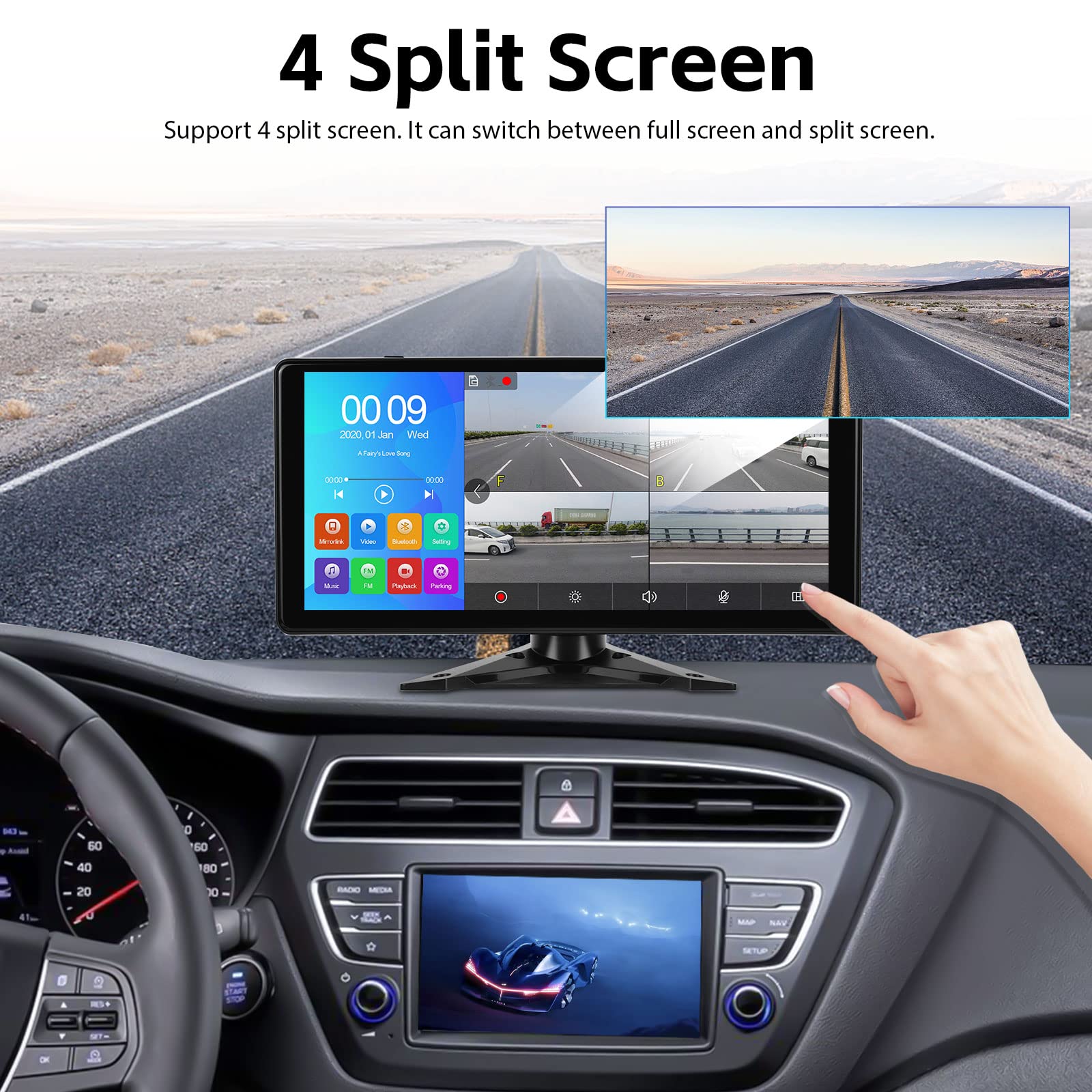 1080P RV Backup Camera System Reversing Monitor Kit 10.36 inch Touch Screen Driving Recorder Reversing Assist Support 4 Split Screen FM Transmitter Bluetooth USB Play Loop Recording Parking Monitoring