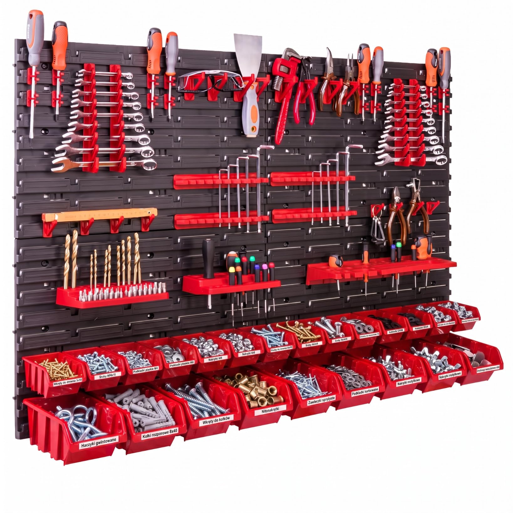 Système de rangement mural - 115 x 78 cm - Support à outils - 23 pièces Étagère de rangement modulable pour outils avec boites de rangement