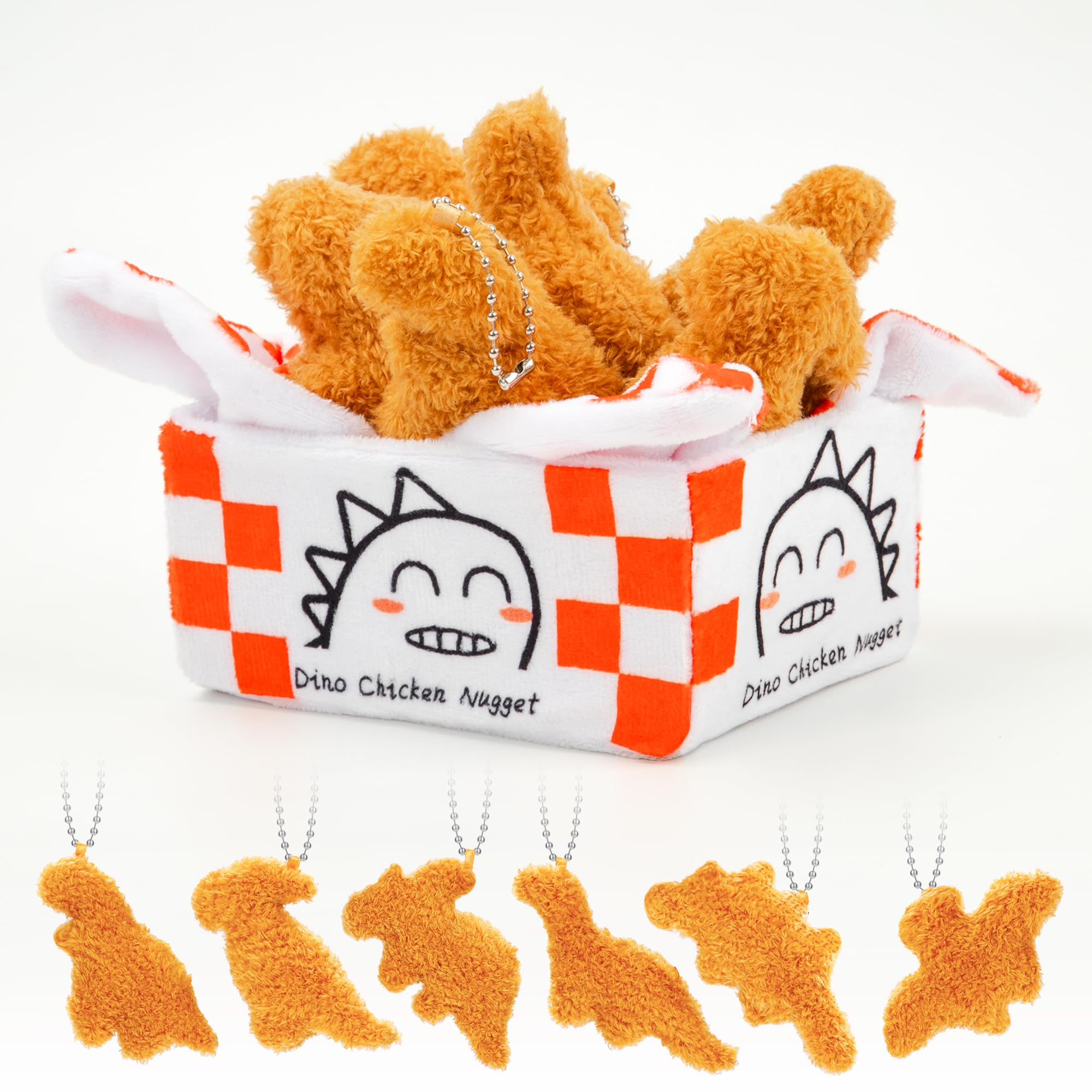 NEWYANG Chicken Nugget Plush Set, 6pcs Delicious Dino Nugget Plush with Adorable Dinosaur Organizer, Soft Stuffed Dinosaur Plushie for Girls and Boys,