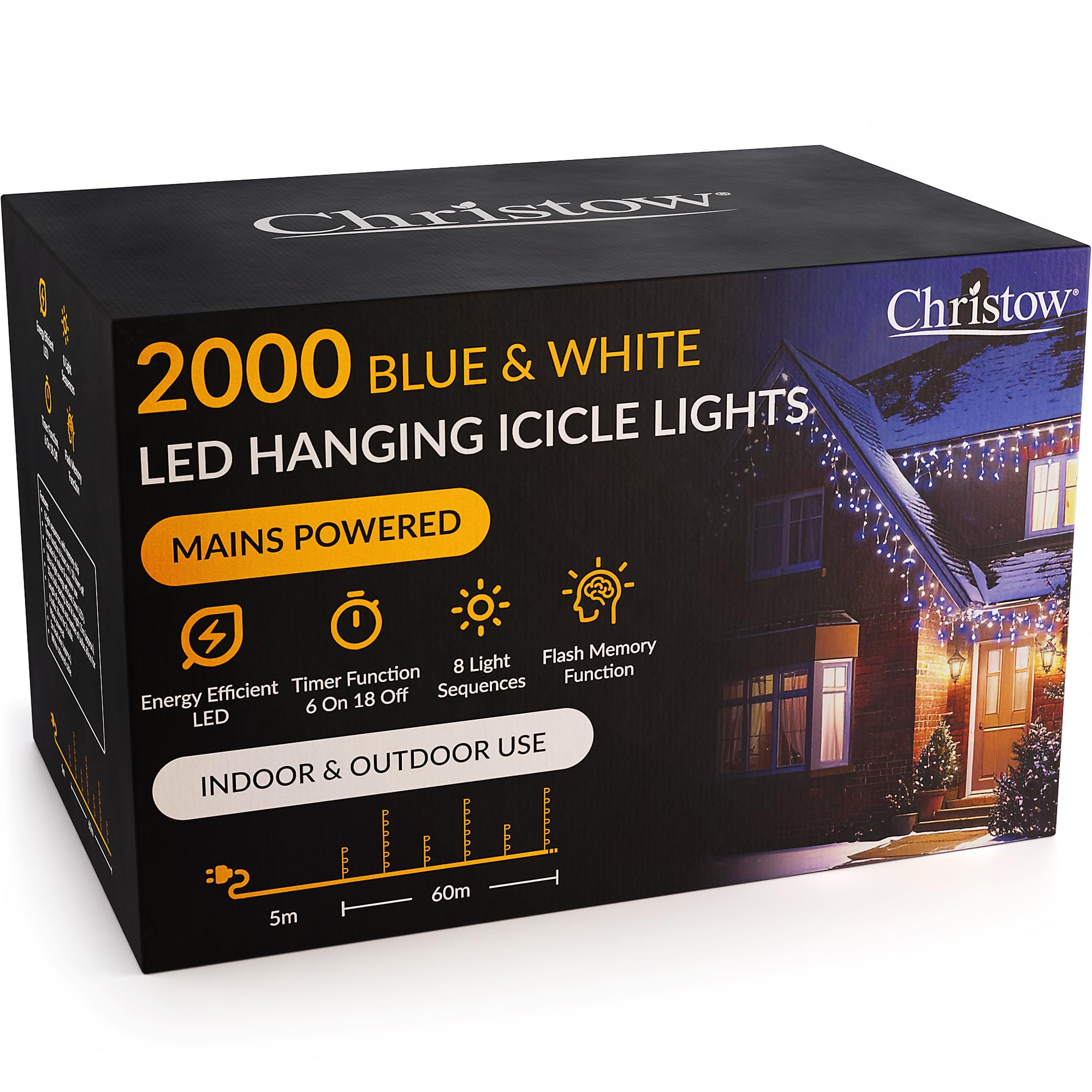 CHRISTOW Hanging Icicle Christmas Lights, 2000 Blue & White LEDs, 60m Lit Length, Indoor & Outdoor, Mains Powered with Timer, 8 Light Sequences with Memory, Icicle Fairy Lights