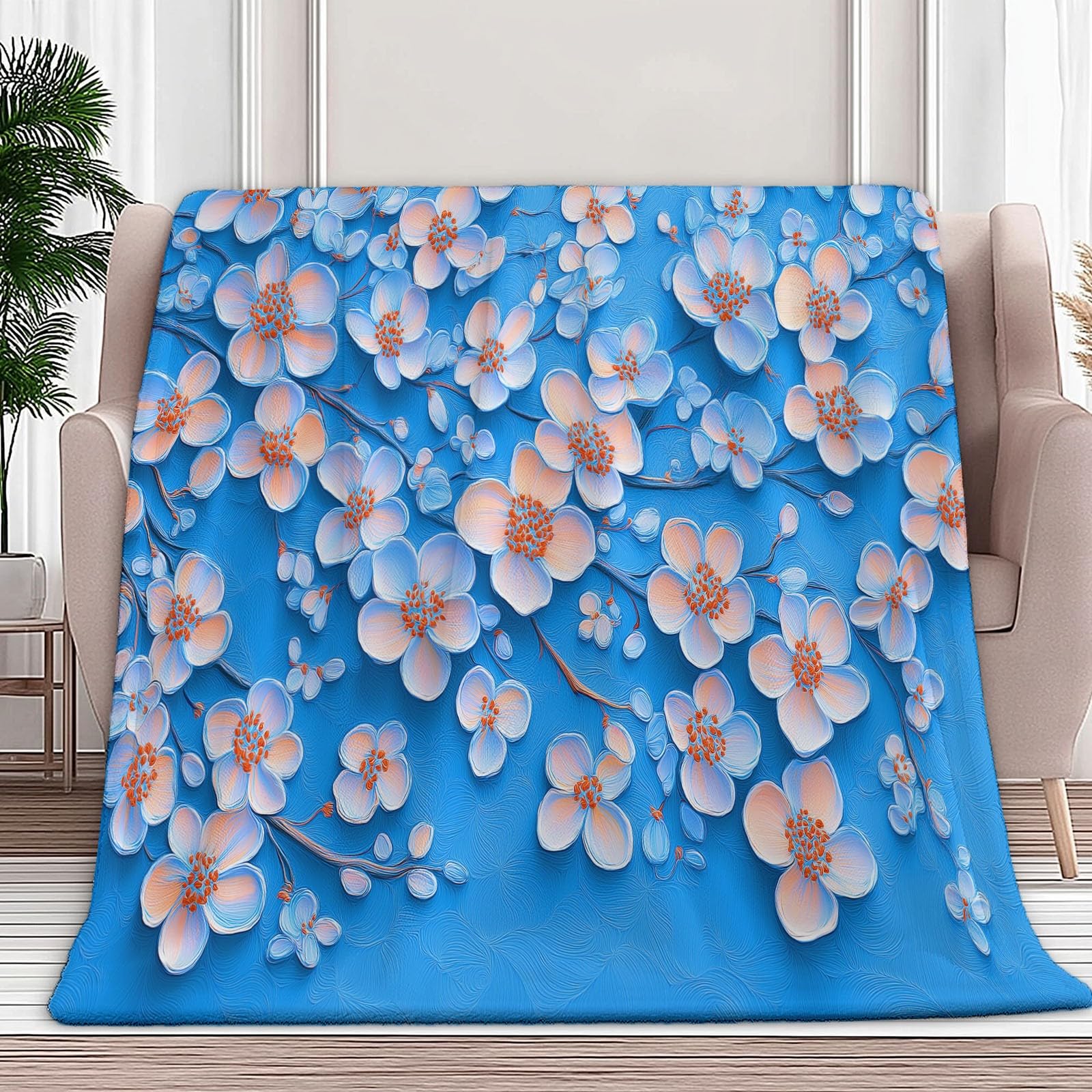 Manta de Franela Estampada Plantas 3D Flores De Albaricoque Elegantes, 220 x 240 cm Manta de Microfibra Suave Anti-Pilling para sofá Cama decoración de sofá Viajes Camping, Azul
