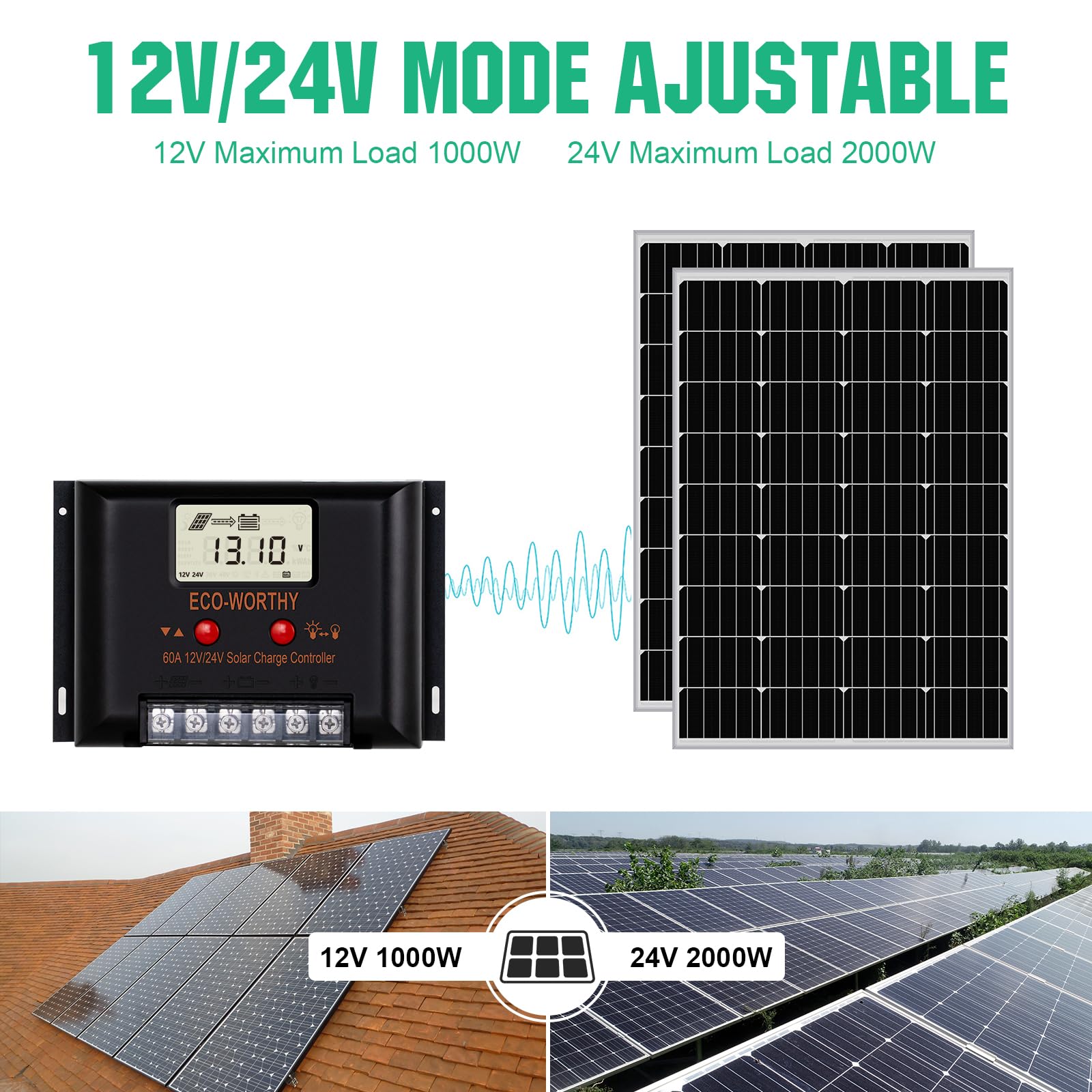 ECO-WORTHY Regolatore di carica solare 12 V/24 V 60 A con display LCD per batterie SALE/GELLI/FLD, protezione intelligente del modulo multi-carico max. 2000 W per camper / casa/fattoria