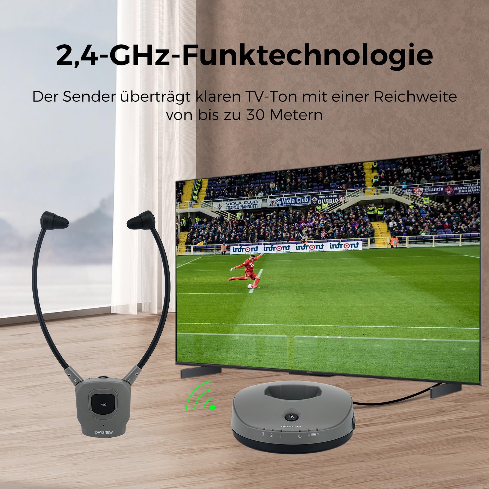 Funkkopfhörer Kabellos für TV – Senioren oder Hörverlust, 30 m Reichweite, Klangklarheit, Links-Rechts-Balance, 2,4 GHz, Optisch/RCA/3,5 mm für Samsung, LG, Sony Fernseher