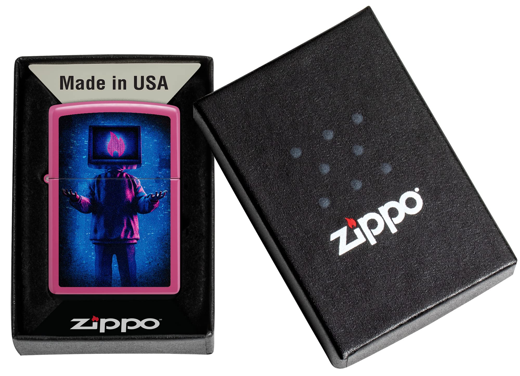Zippo - Briquet tempête, Motif Homme télévision avec Flamme, Impression colorée Color Image, Rechargeable, réutilisable, Coupe-Vent, boîte Cadeau, fabriqué aux États-Unis