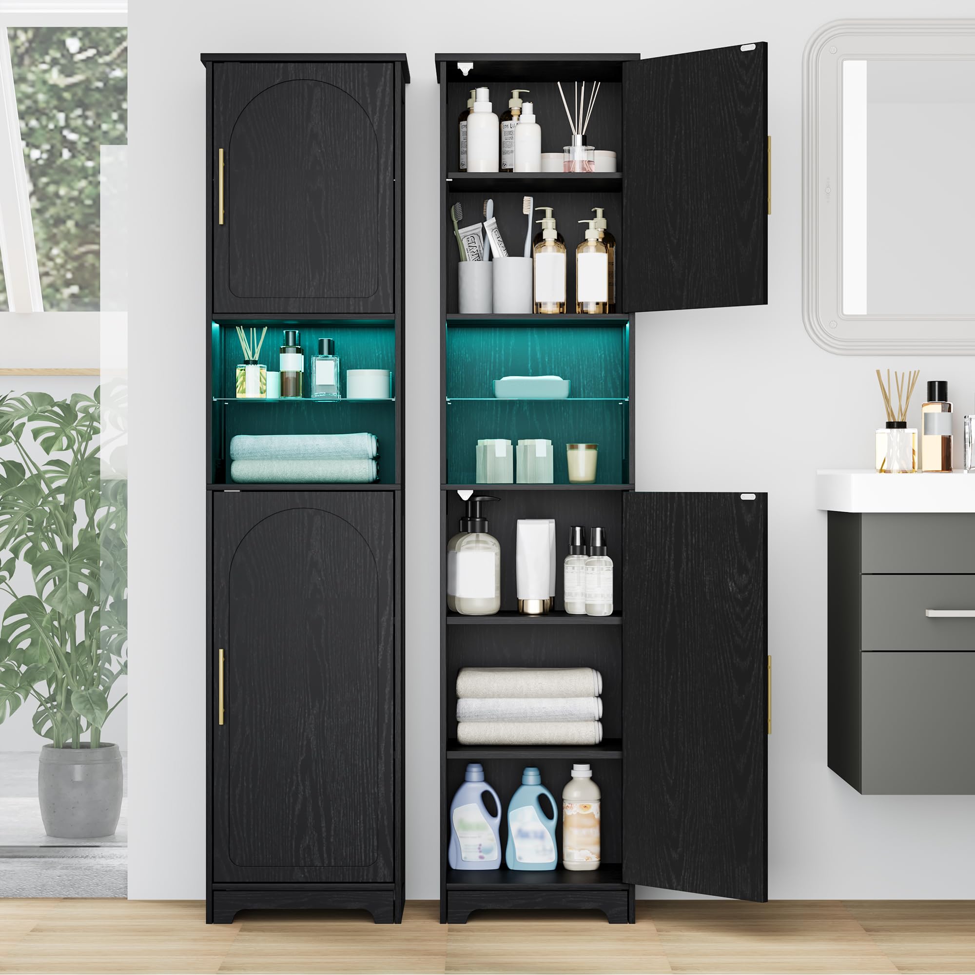 Hzuaneri Mueble de Baño con Luces LED, Armario Almacenaje con Dos Puertas, Estantes Ajustables, Armario Alto y Estrecho, para Baño, Salón, Lavandería, Negro SC28204X