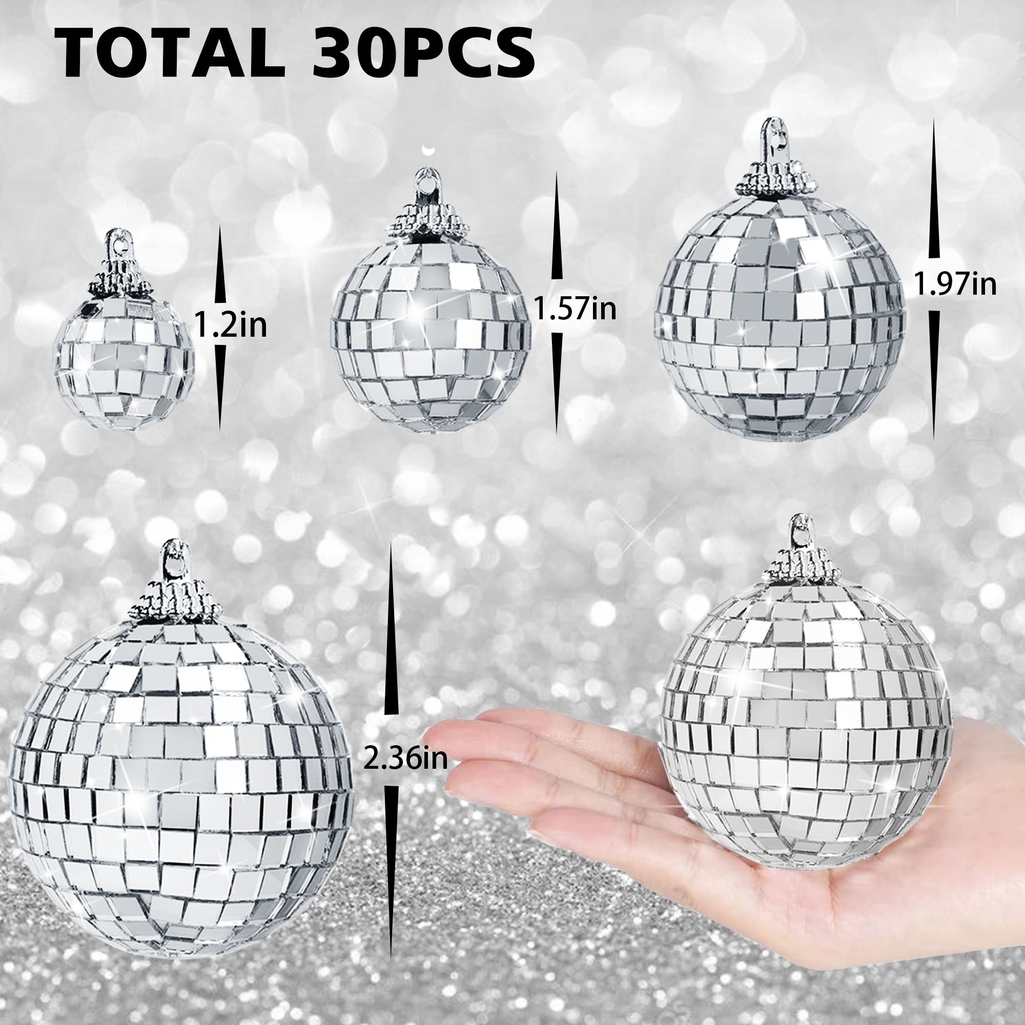 30 Pcs Disco Balls - Hanging Mirror Disco Ball Ornaments, Last Disco Party Decorations for Disco Themed Bachelorette Decor Different Sizes with Rope (2.36 Inch, 1.97 Inch, 1.57 Inch, 1.2 Inch)