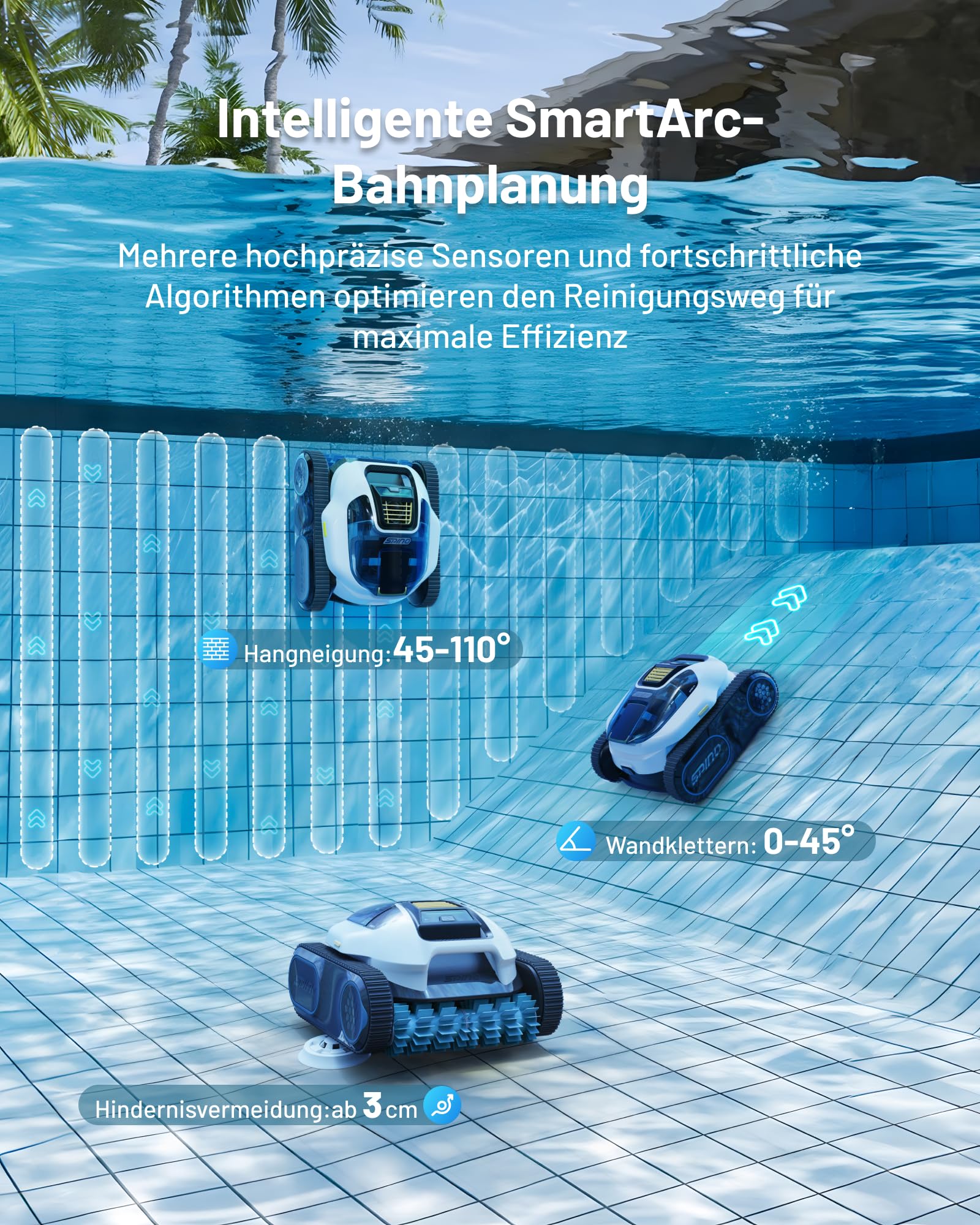Spino E1 Poolroboter Akku Kabelloser, Boden und Wand, 5 Reinigungsmodi, Max 21950 LPH, 210 Min Laufzeit, Auto Wasserlinien Parkfunktion,SmartArc Routenplan (Spino E1 Neues)