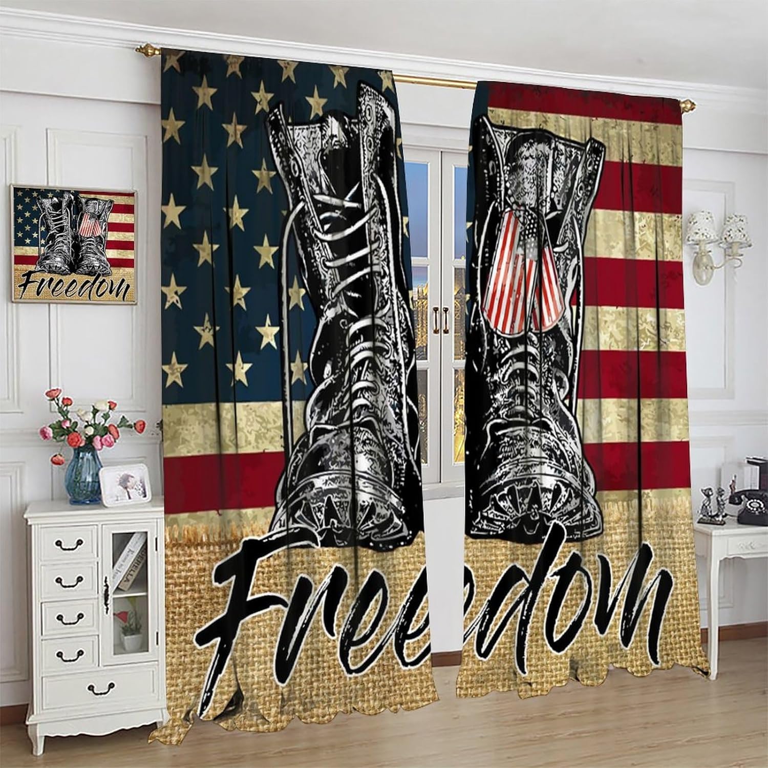 USA Flag Blackout Curtains, Patriotic Memorial Day Decor Old Boots Freedom Vintage Print Window Treatments, Retro Rod Pocket Drapes for Boys Man Bedroom Living Room, 42x45in