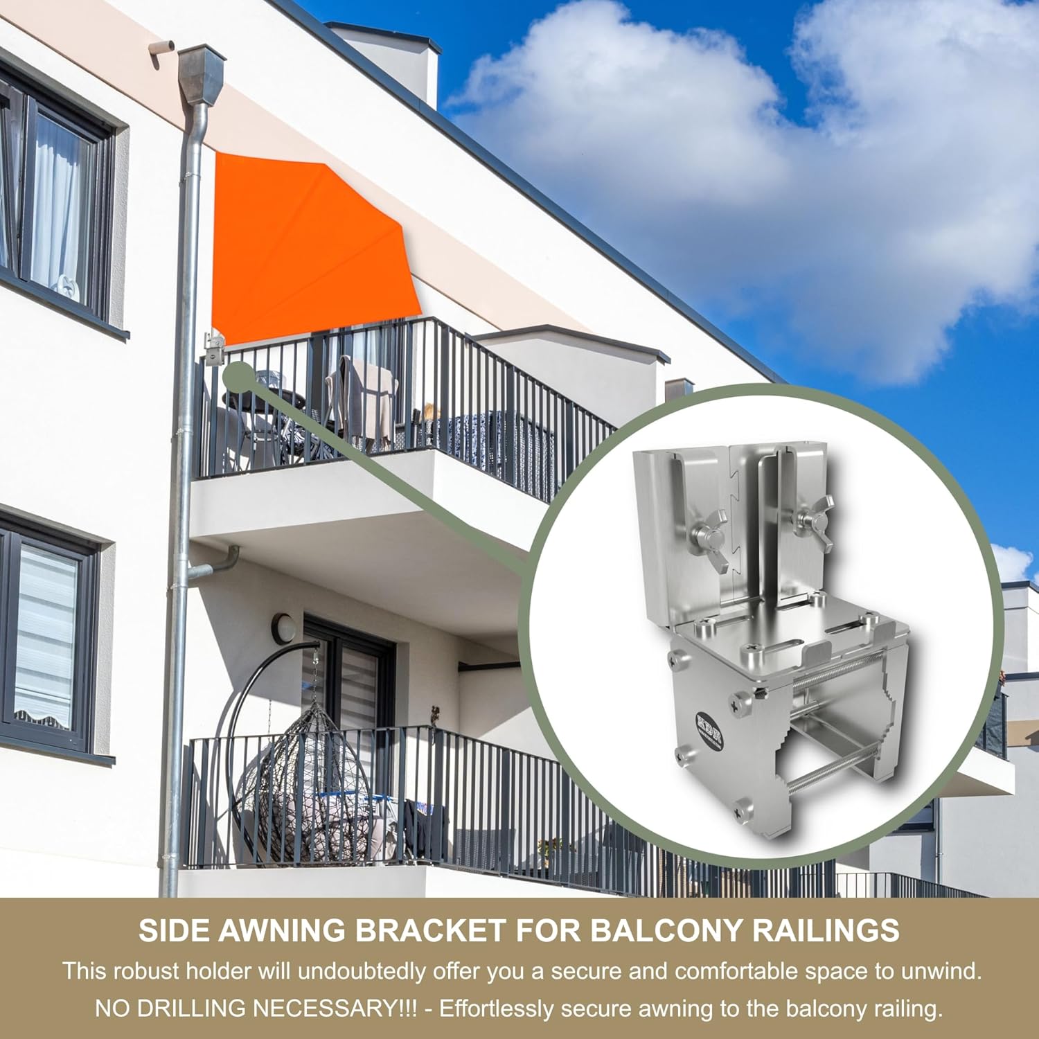 KDR Stainless Steel Balcony Fan Holder, No Drilling Required, for Privacy Screen, Side Awning up to 140 x 140 cm, Clamp Holder for Railings, Round & Square, Weatherproof, Stable, Rustproof