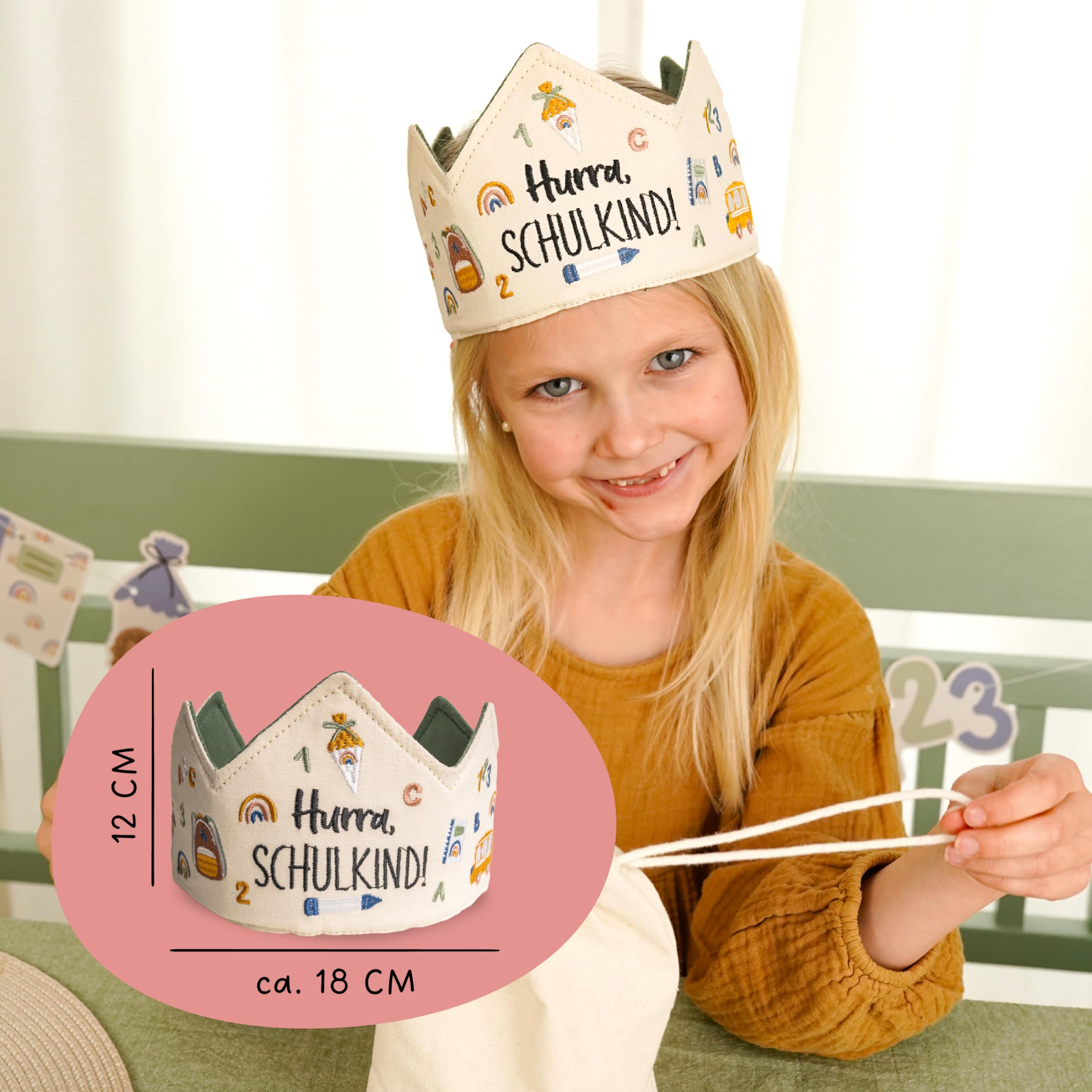 Papierdrachen Hurra School Child Crown Embroidered Pastel - Adjustable Lacing - Two-Tone - Perfect for Back to School - Set 01 - Image 3