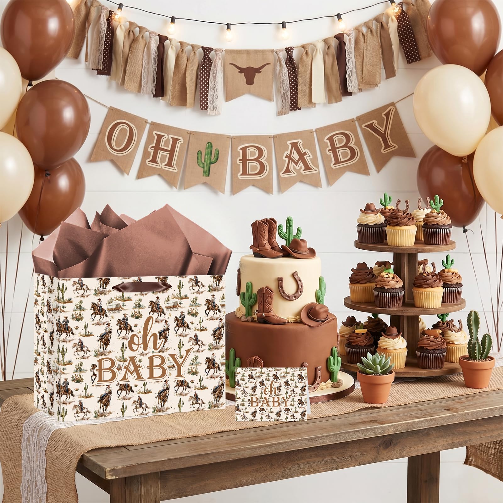 Woosytoo Cowboy Baby Gift Bag with Card Tissue Papers, Western Rodeo Baby Shower Wrapping Paper Bag Wild West Horse Present Bags for Newborn Congratulations Gifts Gender Reveal Party Favors