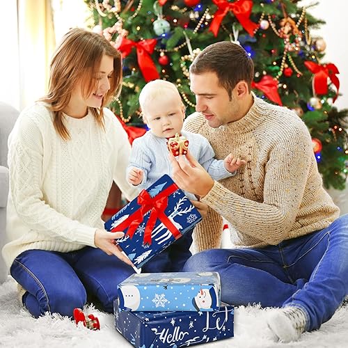 Miniatura 7 de AnyDesign - 12 hojas de papel de regalo de Navidad, papel de regalo de invierno azul y blanco, copos de nieve a granel, papel de arte de árbol de